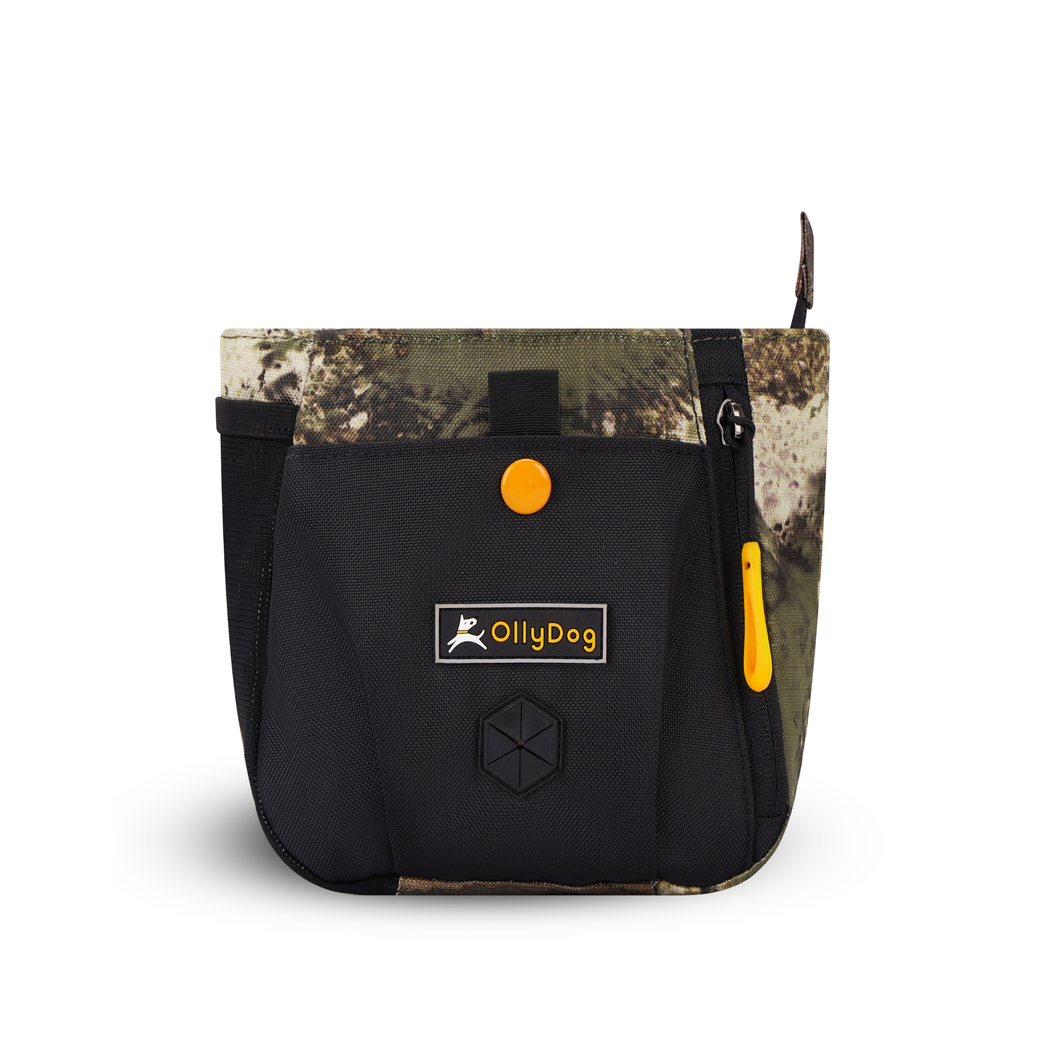 Flat front view of OllyDog’s Backcountry Day Bag in Forest Camo, a practical dog walking waist pack featuring a zipper closure, dog poop bag holder, and adjustable waist strap. Ideal for hands-free dog training and perfect for hiking with dogs. Add Backountry Day Bag to your collection of dog walking accessories. #color_forest camo