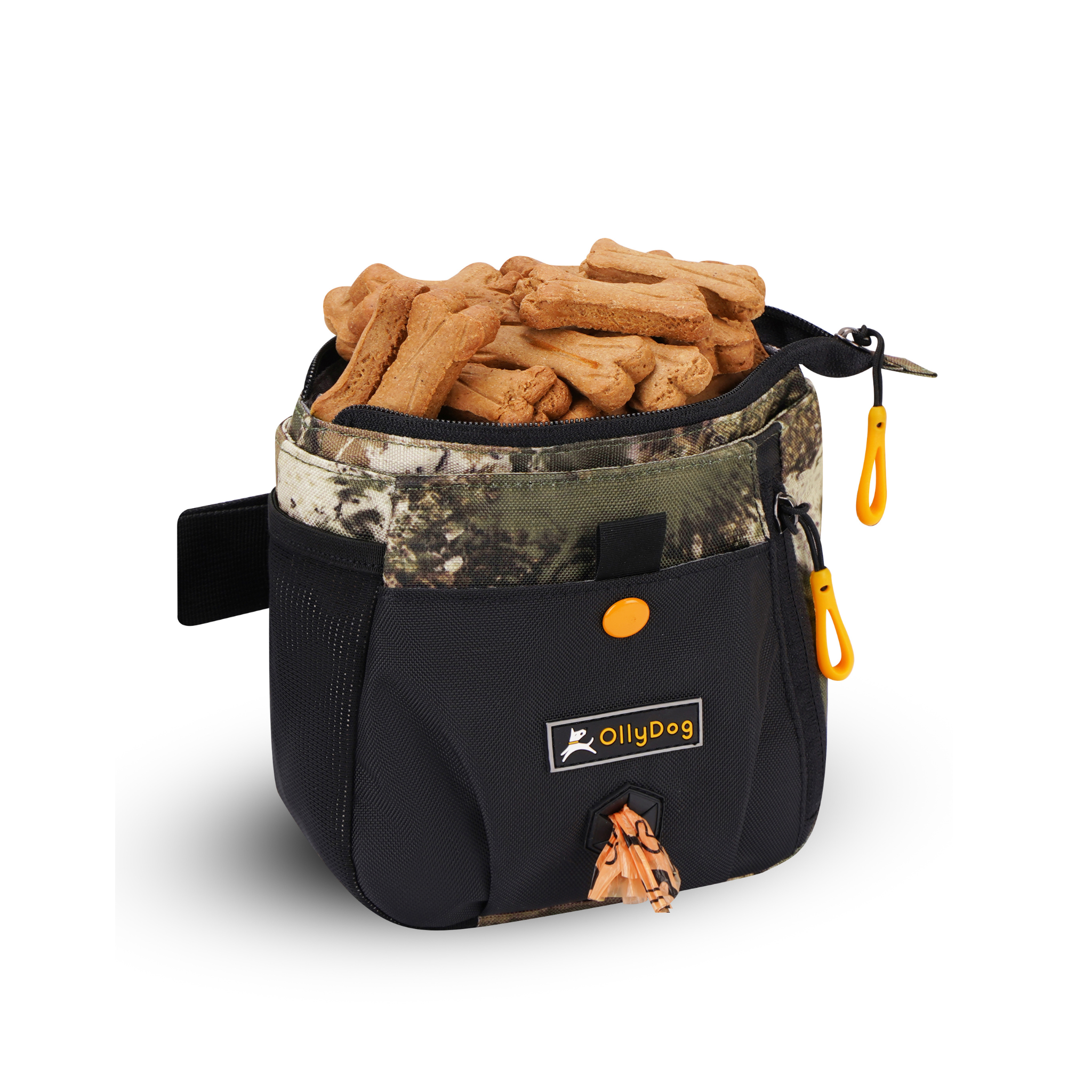 Opened view of OllyDog’s Backcountry Day Bag in Forest Camo, a dog training tool designed for quick access to treats, ideal for rewarding good behavior. With a spacious compartment for storage, this practical dog hiking gear is perfect for convenient training while exploring dog friendly trails. #color_forest camo