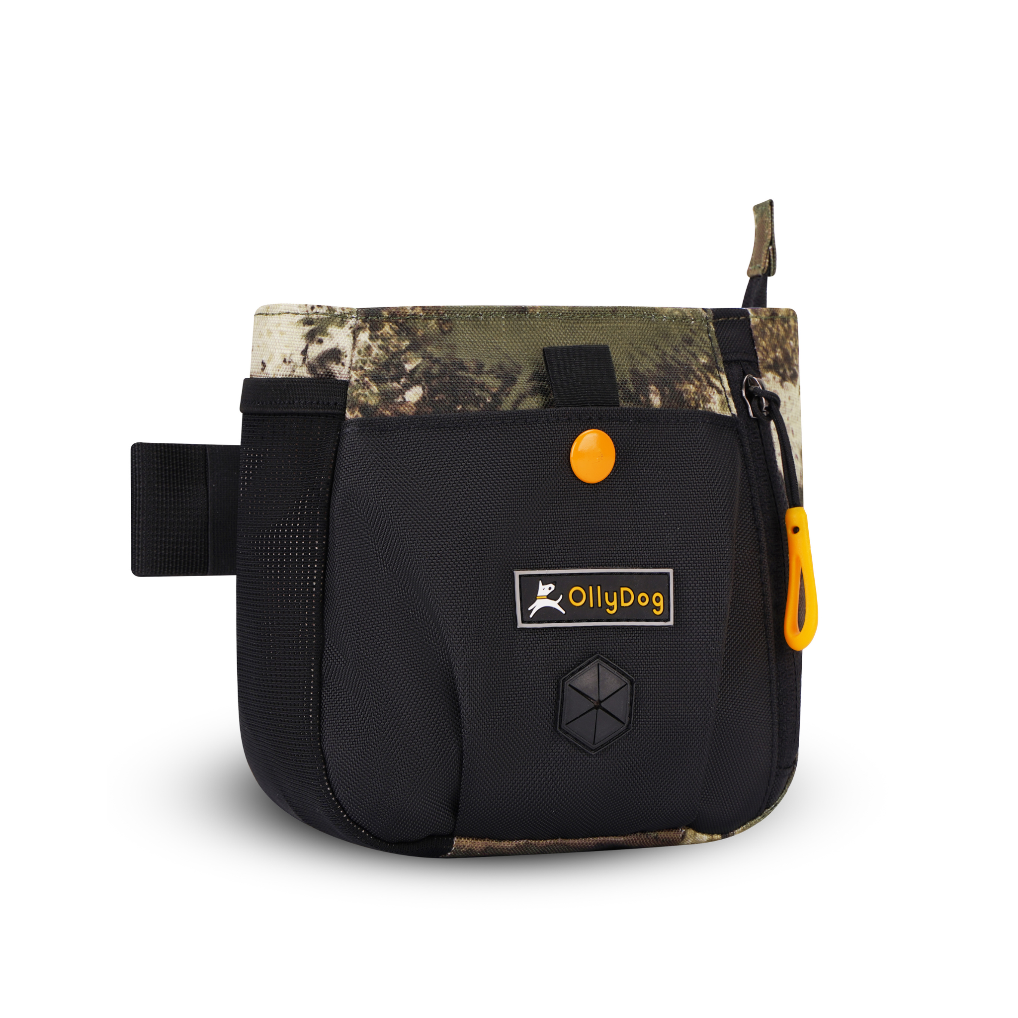 Angled front view of OllyDog’s Backcountry Day Bag in Forest Camo, a versatile dog walking waist pack featuring a zipper closure, dog poop bag holder, and extended side pocket. Ideal for hiking with dogs, this roomy bag offers adjustable straps for hands-free convenience, perfect for dog friendly trails and essential dog hiking gear. #color_forest camo