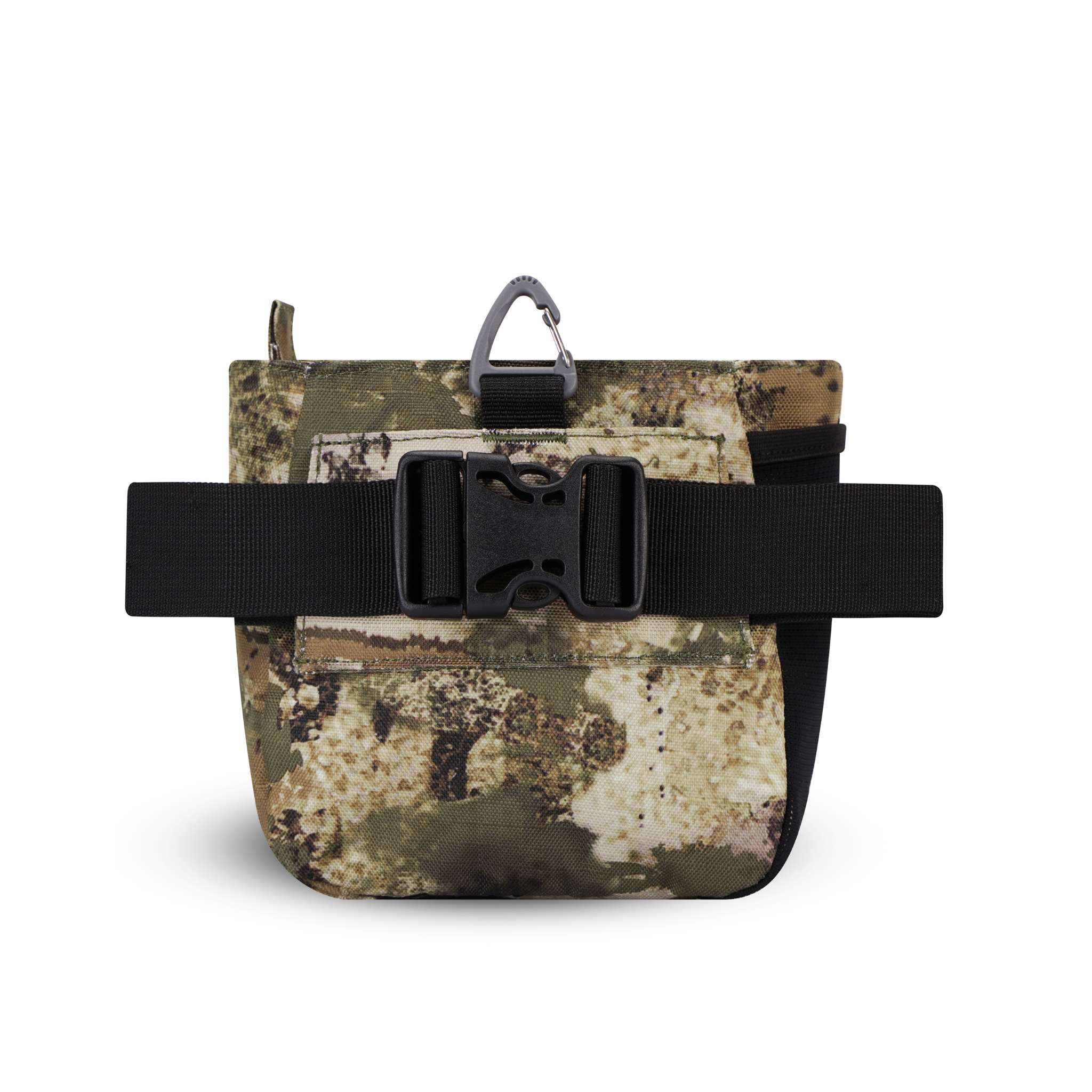 Back view of OllyDog’s Backcountry Day Bag in Forest Camo, showcasing the removable belt strap with a plastic buckle. This versatile dog training pouch also includes a convenient clip, making it become one of essential dog walking accessories. #color_forest camo