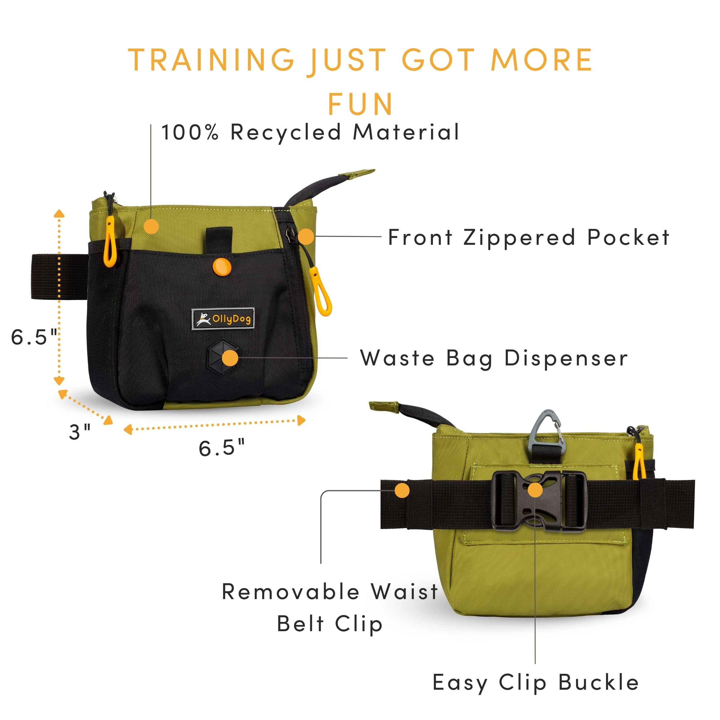 An image with text that points out the following features of the Backcountry Day Bag: water-resistant material, 100% recycled material, sustainably made with nine repurposed plastic bottles, dimensions of 6.5" x 6.5" x 3.5", convertible design includes waist belt clip with a quick-release buckle, zipper closure allowing easy access to treats to reward your dog quickly while training. Add Backountry Day Bag to your collection of dog walking accessories. #color_cactus