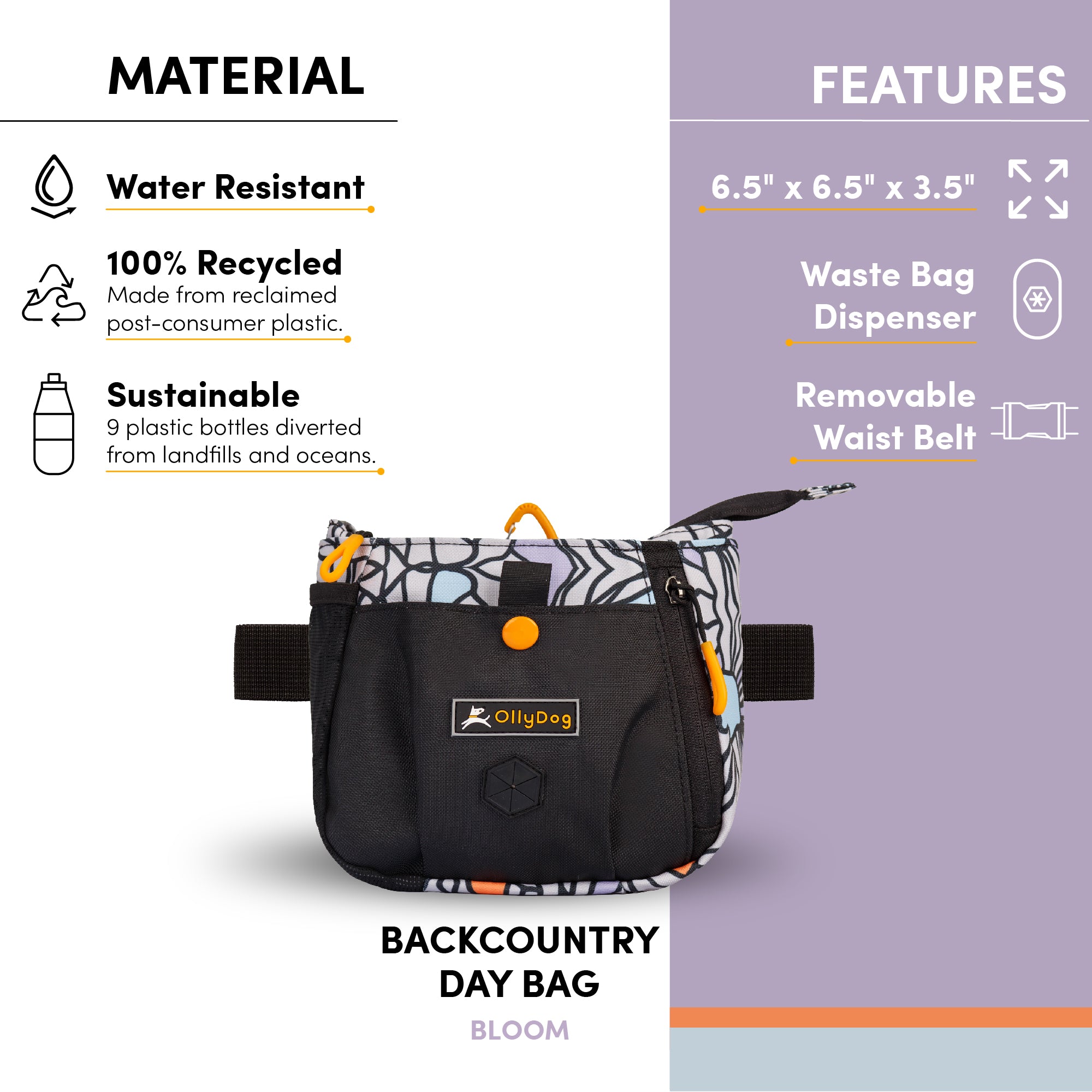 An image with text that points out the following features of the Backcountry Day Bag: water-resistant material, 100% recycled material, sustainably made with nine repurposed plastic bottles, dimensions of 6.5" x 6.5" x 3.5", convertible design includes waist belt clip with a quick-release buckle, zipper closure allowing easy access to treats to reward your dog quickly while training. Add Backountry Day Bag to your collection of dog walking accessories. #color_bloom