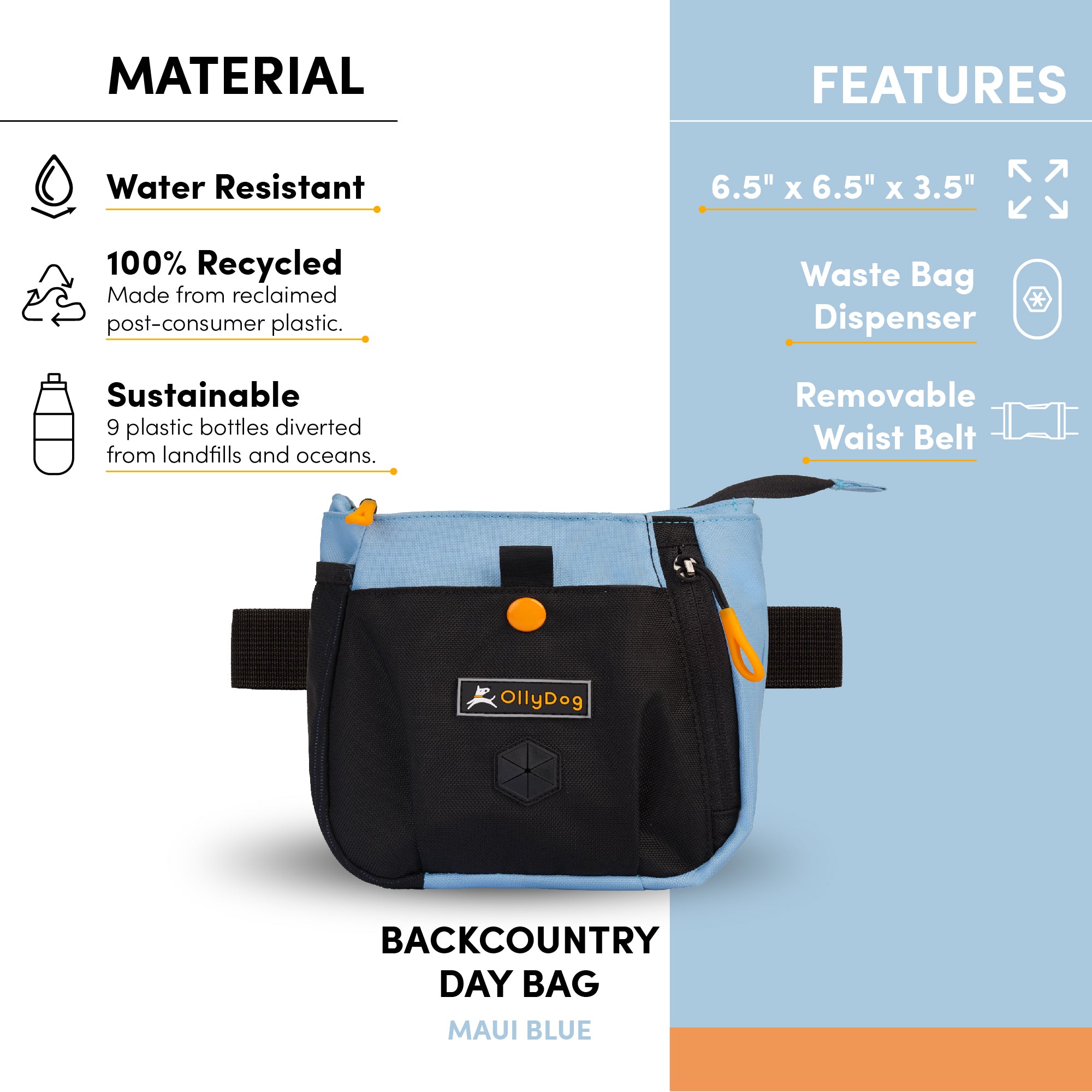 An image with text that points out the following features of the Backcountry Day Bag: water-resistant material, 100% recycled material, sustainably made with nine repurposed plastic bottles, dimensions of 6.5" x 6.5" x 3.5", convertible design includes waist belt clip with a quick-release buckle, zipper closure allowing easy access to treats to reward your dog quickly while training. Add Backountry Day Bag to your collection of dog walking accessories. #color_maui blue