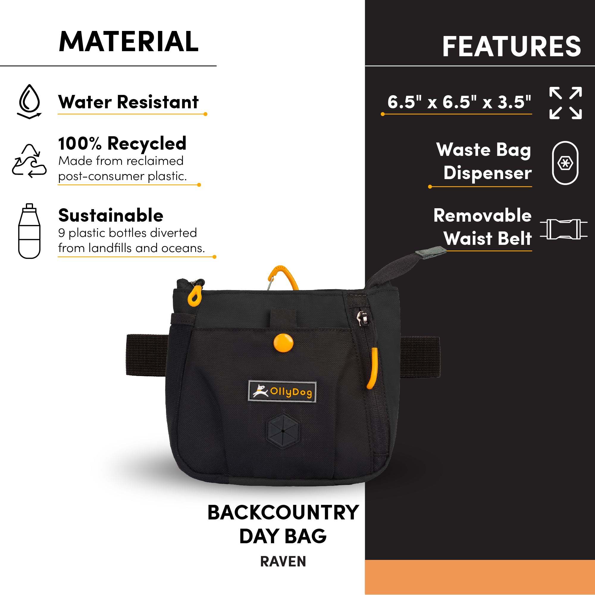 An image with text that points out the following features of the Backcountry Day Bag: water-resistant material, 100% recycled material, sustainably made with nine repurposed plastic bottles, dimensions of 6.5" x 6.5" x 3.5", convertible design includes waist belt clip with a quick-release buckle, zipper closure allowing easy access to treats to reward your dog quickly while training. Add Backountry Day Bag to your collection of dog walking accessories. #color_raven