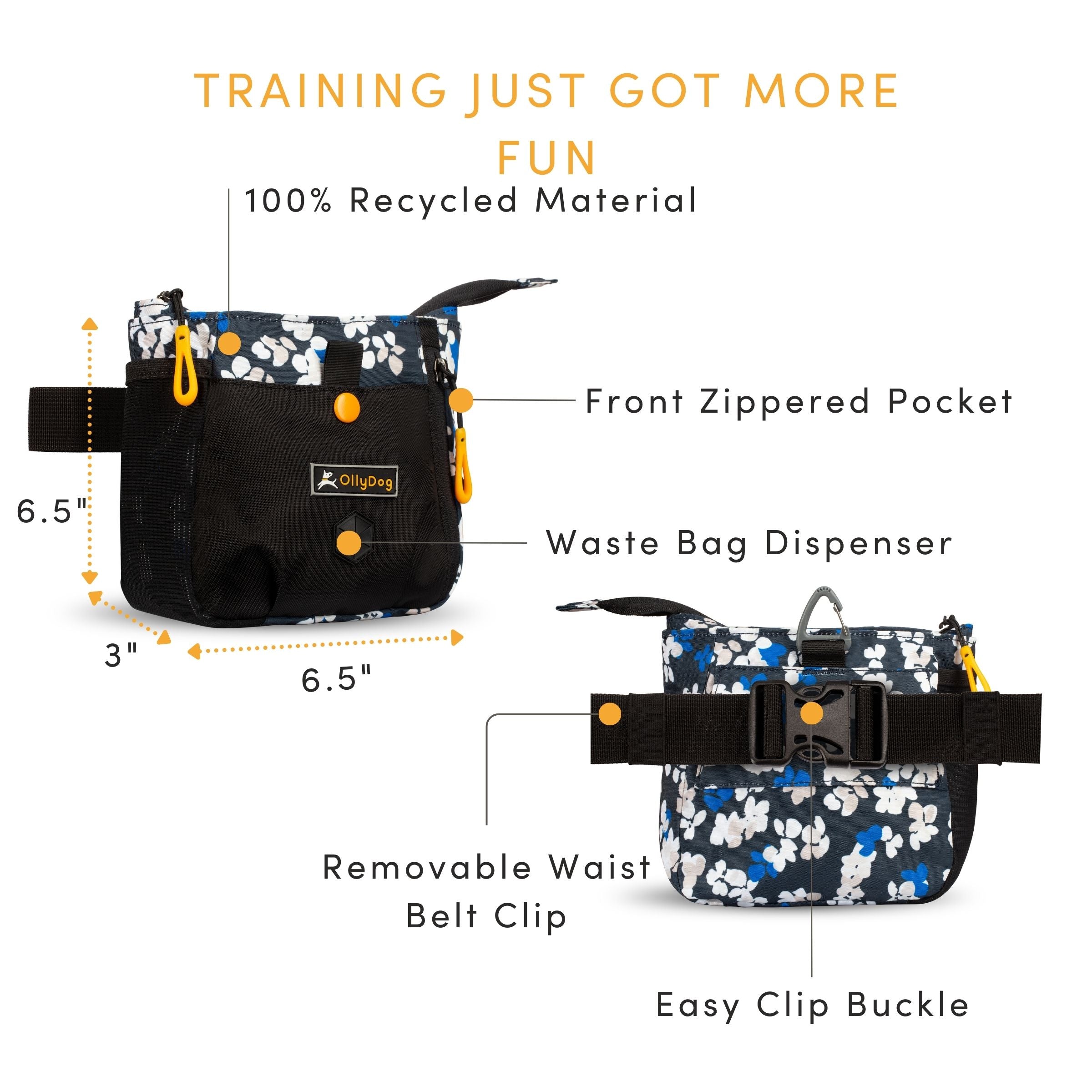 An image with text that points out the following features of the Backcountry Day Bag: water-resistant material, 100% recycled material, sustainably made with nine repurposed plastic bottles, dimensions of 6.5" x 6.5" x 3.5", convertible design includes waist belt clip with a quick-release buckle, zipper closure allowing easy access to treats to reward your dog quickly while training. Add Backountry Day Bag to your collection of dog walking accessories. #color_lotus