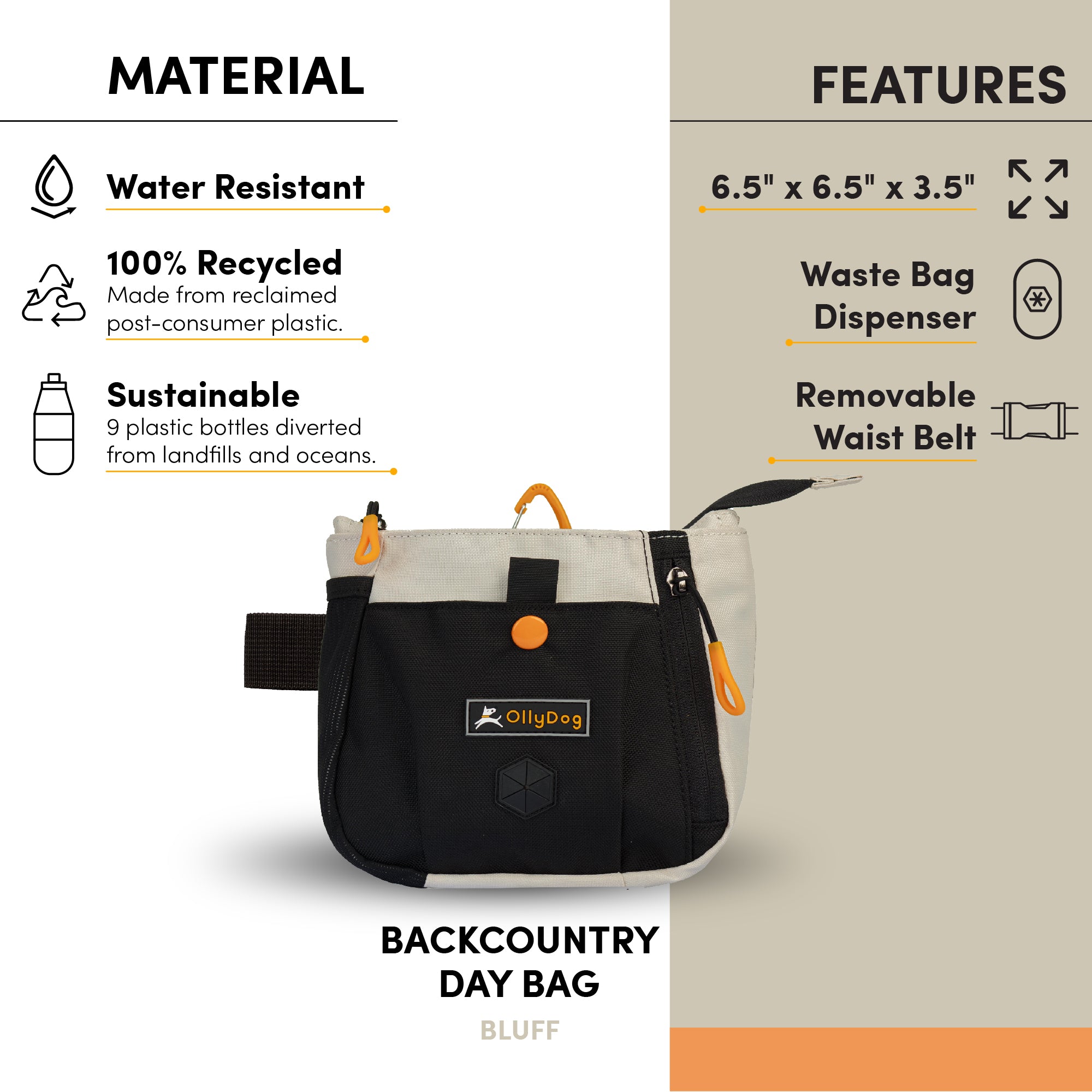 An image with text that points out the following features of the Backcountry Day Bag: water-resistant material, 100% recycled material, sustainably made with nine repurposed plastic bottles, dimensions of 6.5" x 6.5" x 3.5", convertible design includes waist belt clip with a quick-release buckle, zipper closure allowing easy access to treats to reward your dog quickly while training. Add Backountry Day Bag to your collection of dog walking accessories. #color_bluff