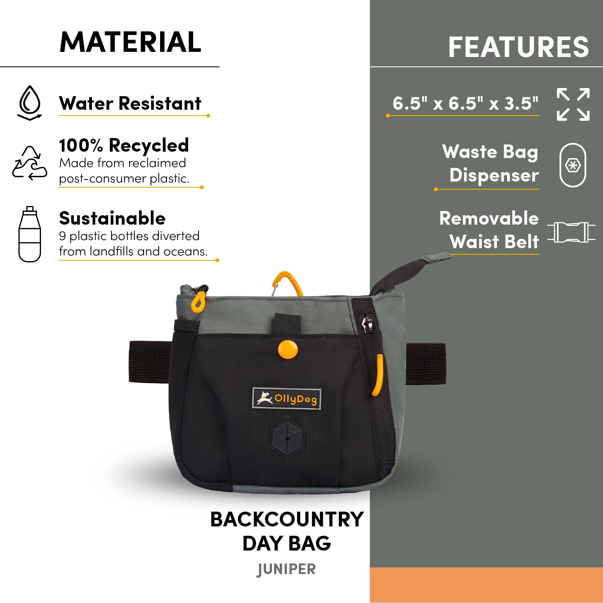 An image with text that points out the following features of the Backcountry Day Bag: water-resistant material, 100% recycled material, sustainably made with nine repurposed plastic bottles, dimensions of 6.5" x 6.5" x 3.5", convertible design includes waist belt clip with a quick-release buckle, zipper closure allowing easy access to treats to reward your dog quickly while training. Add Backountry Day Bag to your collection of dog walking accessories. #color_juniper