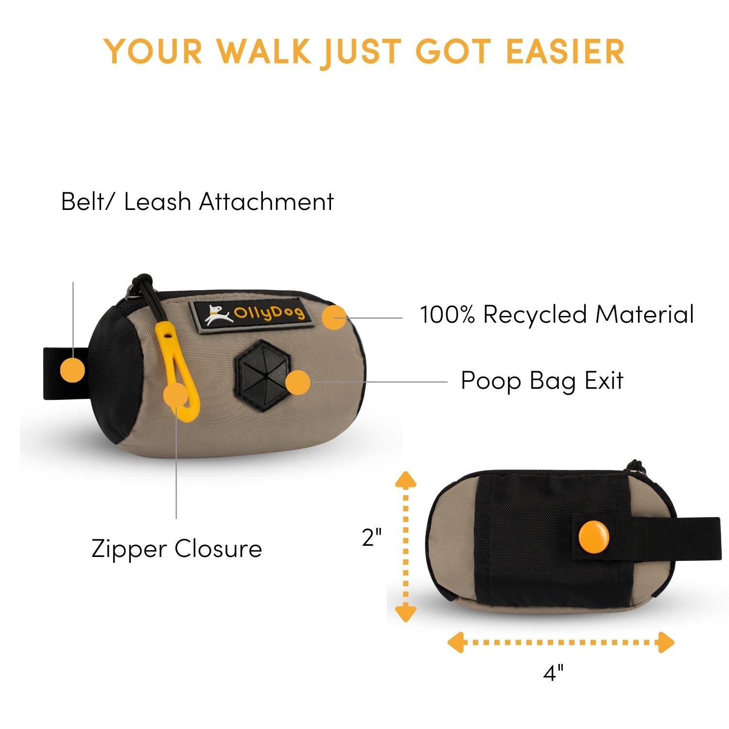 An image highlighting the features of the Scoop Pick Up Bag, including its water-resistant material, 100% recycled construction from two repurposed plastic bottles, and dimensions of 4” x 1.5” x 2”. This doggy waste bag holder offers a convertible design with a zipper closure and a dog waste bag dispenser hole covered with a rubber flap, making it an effective doggie poop bag holder. #color_champagne