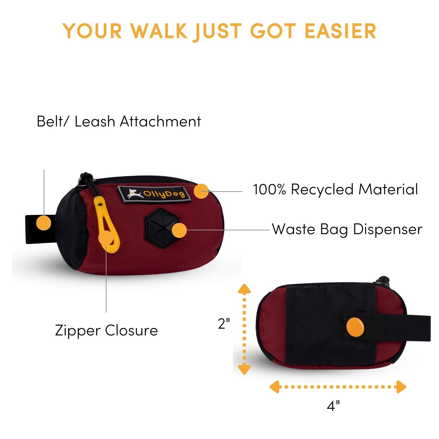 An image highlighting the features of the Scoop Pick Up Bag, including its water-resistant material, 100% recycled construction from two repurposed plastic bottles, and dimensions of 4” x 1.5” x 2”. This doggy waste bag holder offers a convertible design with a zipper closure and a dog waste bag dispenser hole covered with a rubber flap, making it an effective doggie poop bag holder. #color_vino
