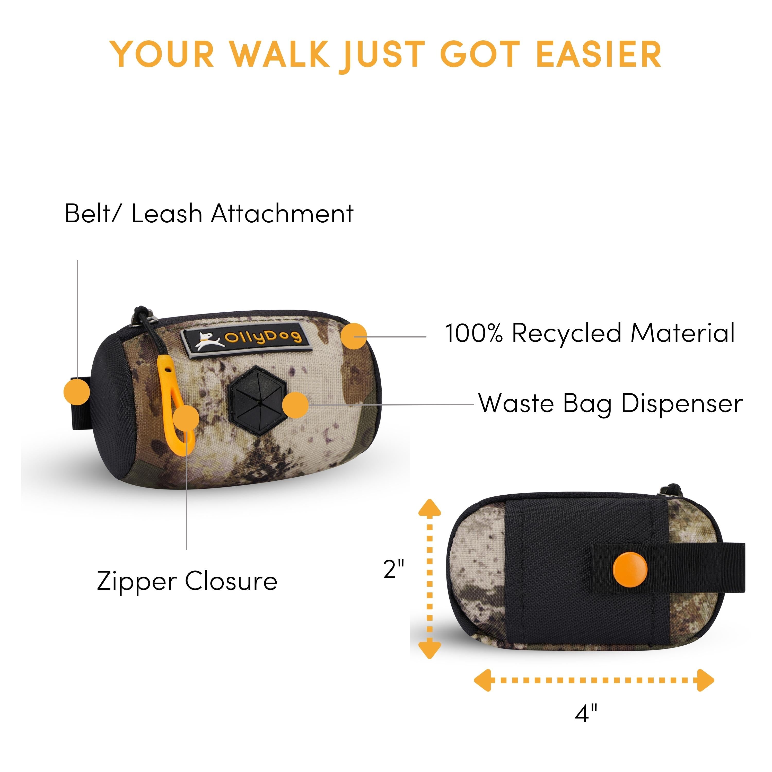 An image highlighting the features of the Scoop Pick Up Bag, including its water-resistant material, 100% recycled construction from two repurposed plastic bottles, and dimensions of 4” x 1.5” x 2”. This doggy waste bag holder offers a convertible design with a zipper closure and a dog waste bag dispenser hole covered with a rubber flap, making it an effective doggie poop bag holder. #color_forest camo