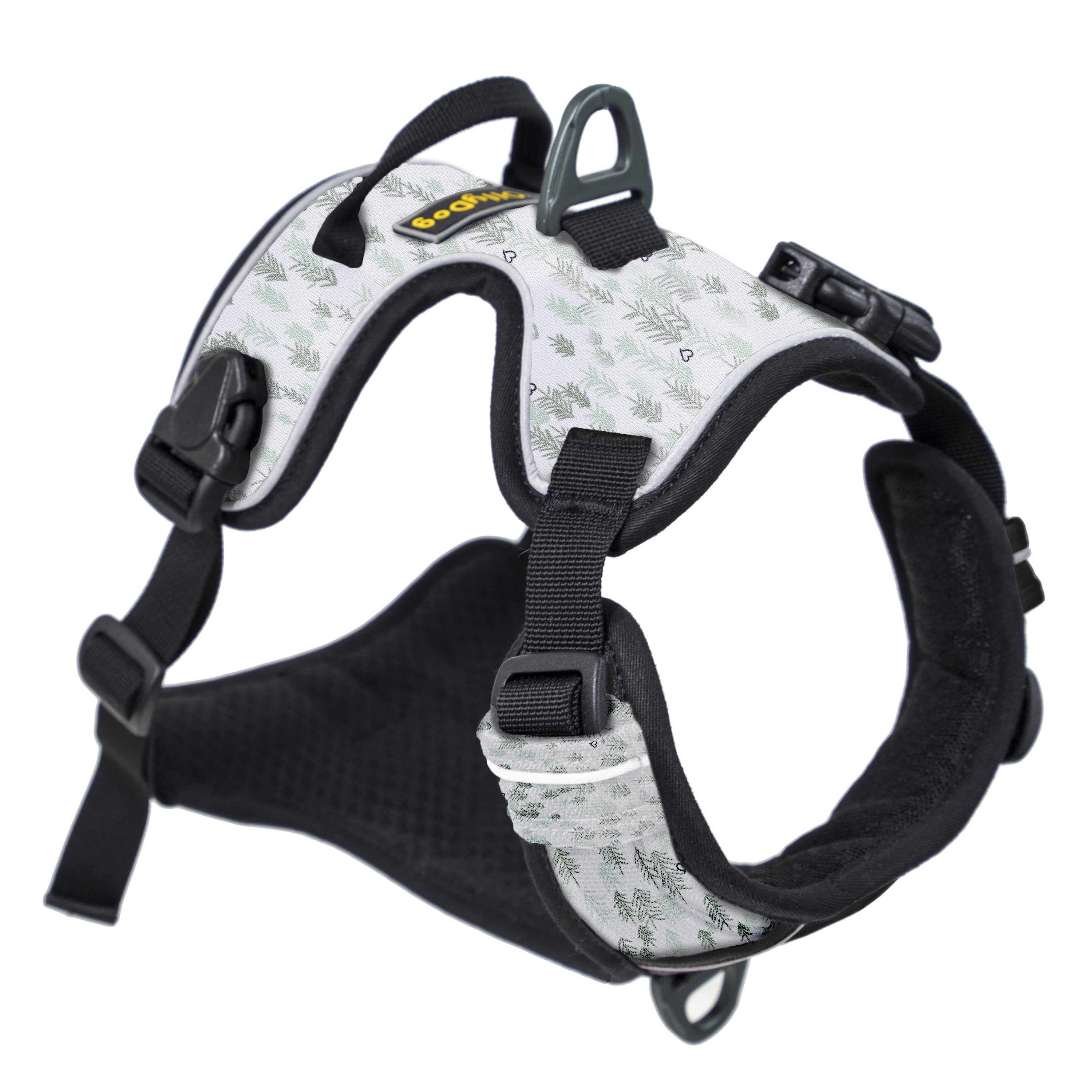 Front view of the OllyDog Alpine Reflective Harness in tree hugger print, featuring two attachment points, adjustable plastic buckles, and breathable padded lining made from recycled materials for all-day comfort. #color_tree hugger print