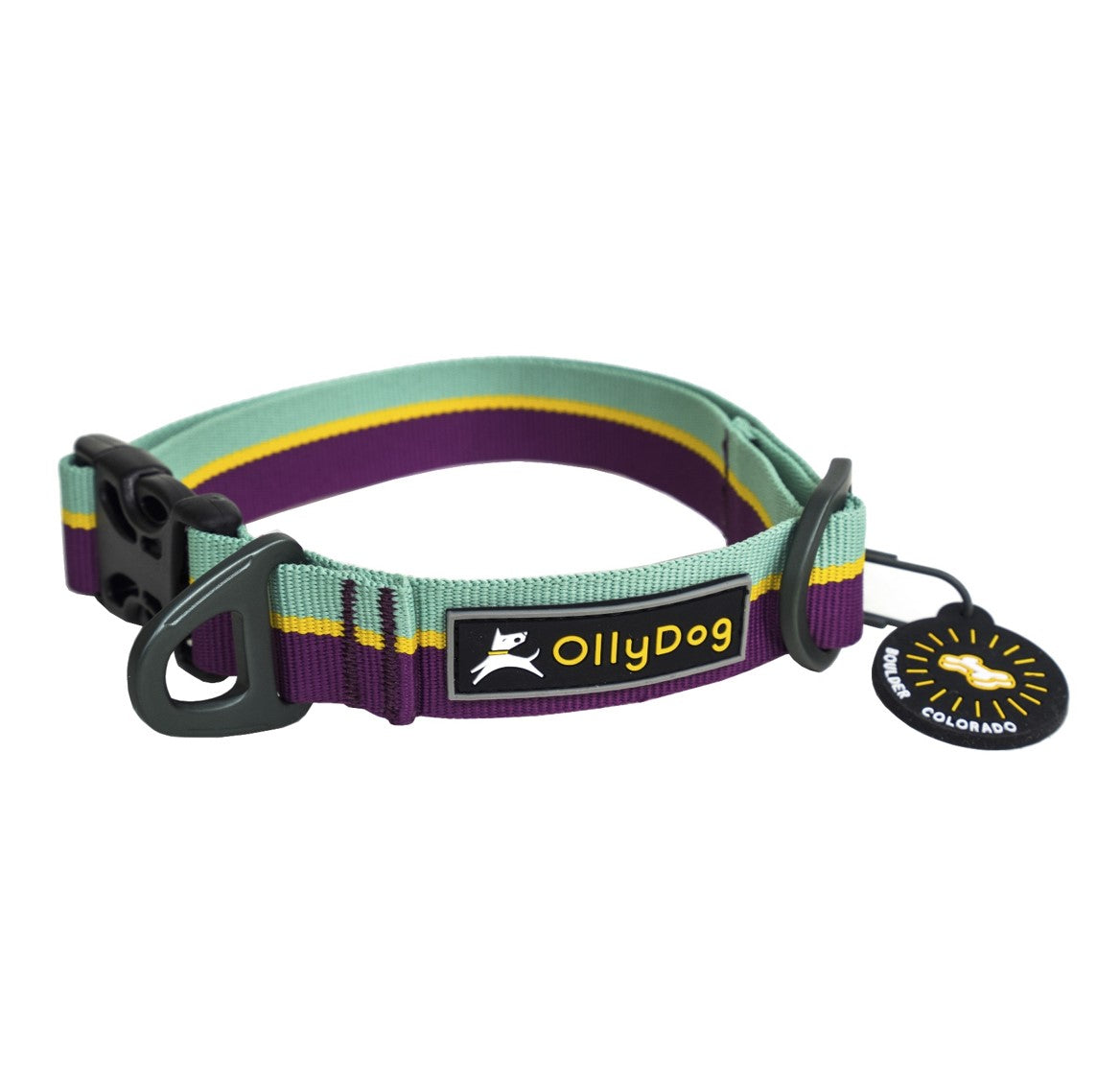 Front view of the OllyDog Flagstaff Collar in magenta color, featuring a durable striped webbing design, quick-release side buckle, secure aluminum D-ring, brand logo patch, and a round Boulder Colorado tag.#color_magenta