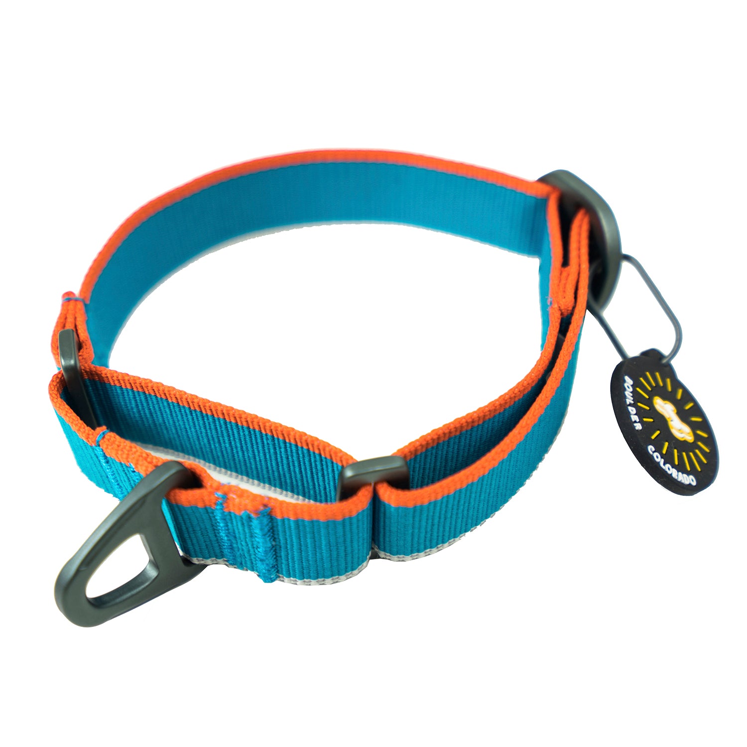 Top-down studio view of the OllyDog Martingale Mesa Collar in air blue color, highlighting its washable poly webbing, slip-out design, secure aluminum D-ring, reflective thread, and attached Boulder Colorado tag. #color_air blue