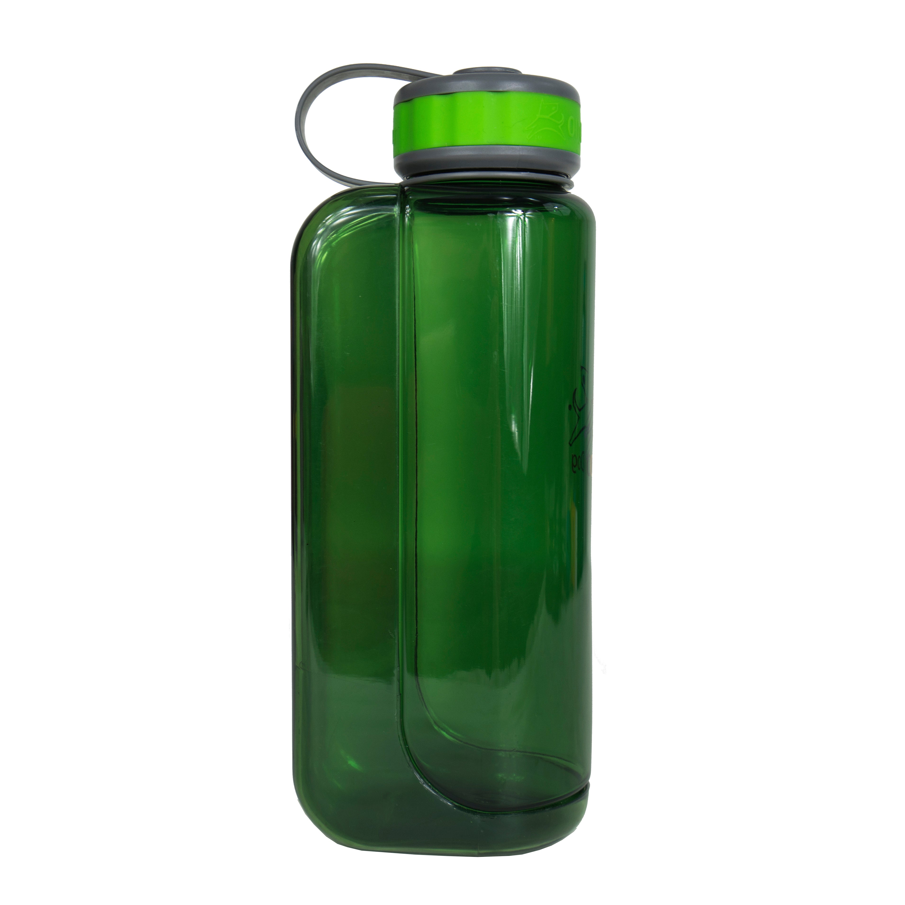 Side view of the OllyDog OllyBottle portable dog water bottle in 1-liter grass green size, showcasing the durable, BPA-free plastic design and detachable bowl attachment for travel-friendly sharing on the go.#size_grass / 1l