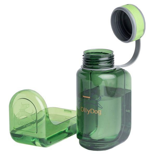 Open view of the OllyDog OllyBottle portable dog water bottle in 600ml grass green size, showcasing the detachable bowl attachment and open cap for easy, slobber-free water sharing on the go.#size_grass / 600ml