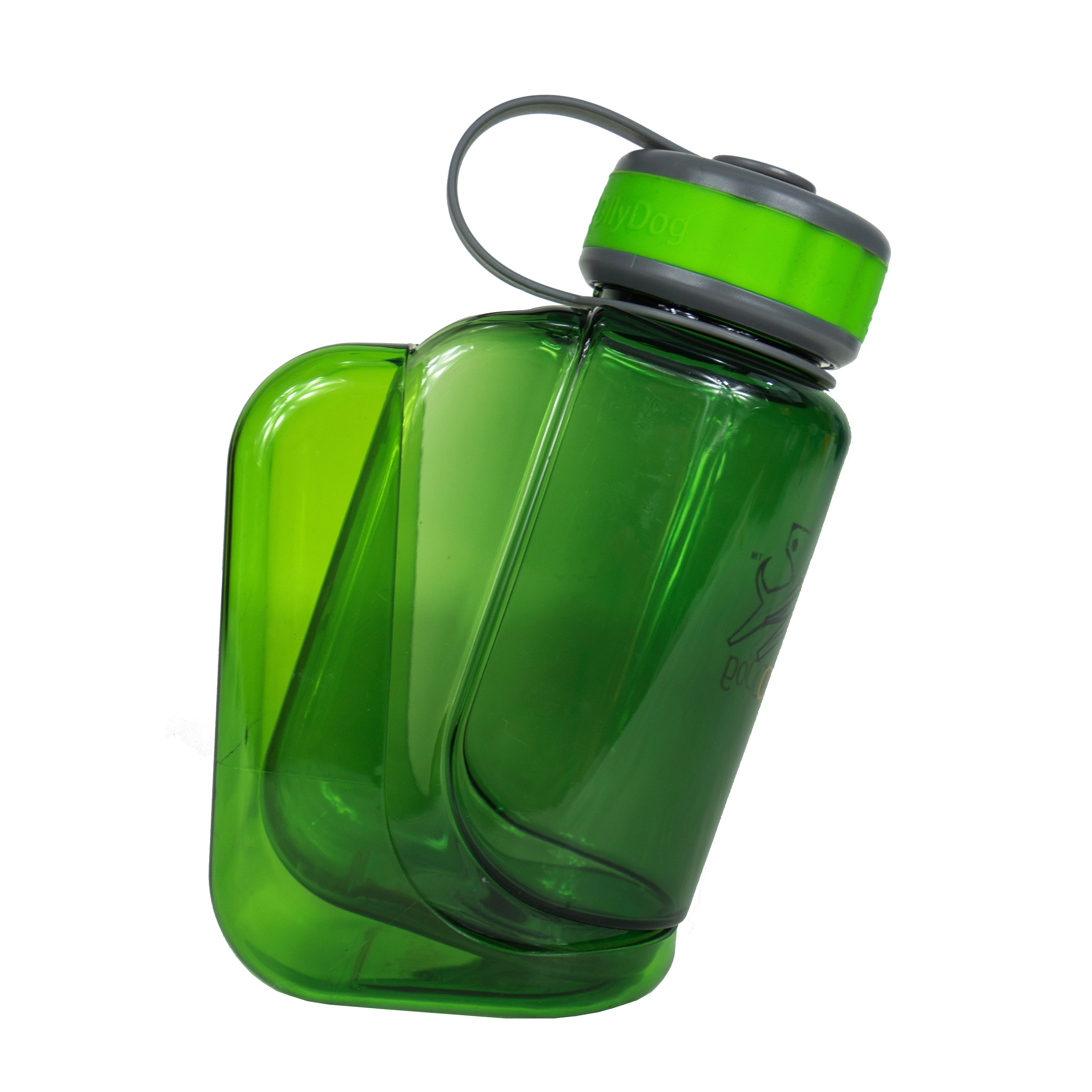 Side view of the OllyDog OllyBottle portable dog water bottle in 600ml grass green size, showcasing the durable, BPA-free plastic design and detachable bowl attachment for travel-friendly sharing on the go.#size_grass / 600ml