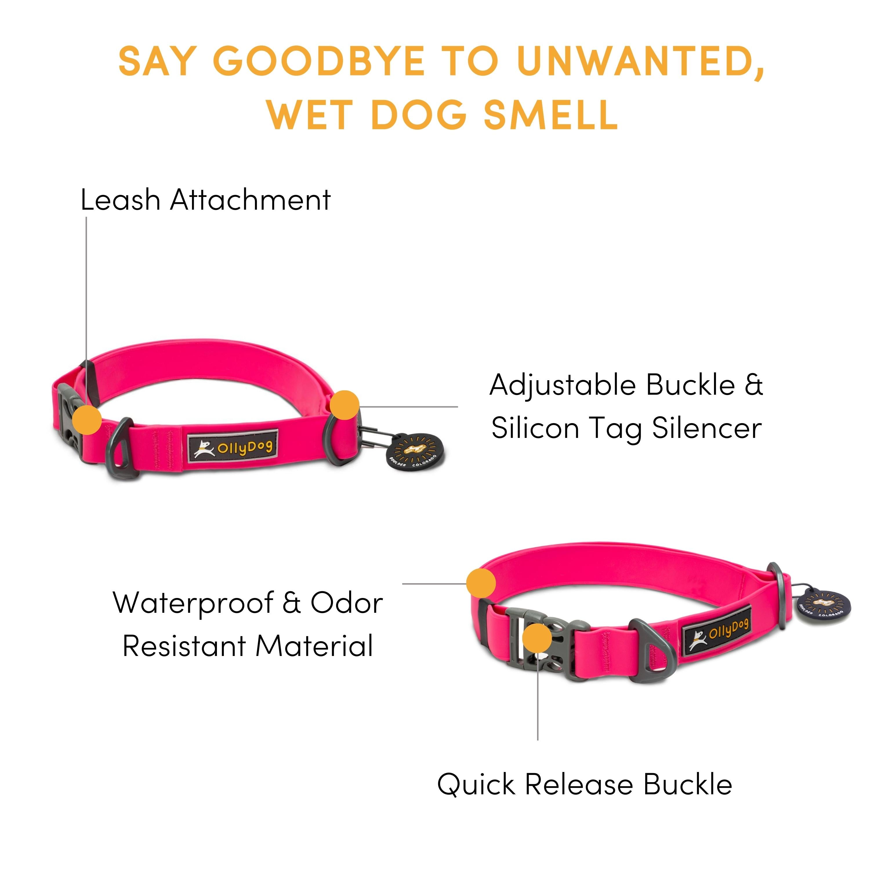 Infographic banner detailing features of the OllyDog Tilden Waterproof Collar in pink color, highlighting the leash attachment, adjustable buckle, silicon tag silencer, waterproof and odor-resistant material, and quick-release plastic side buckle. #color_pink