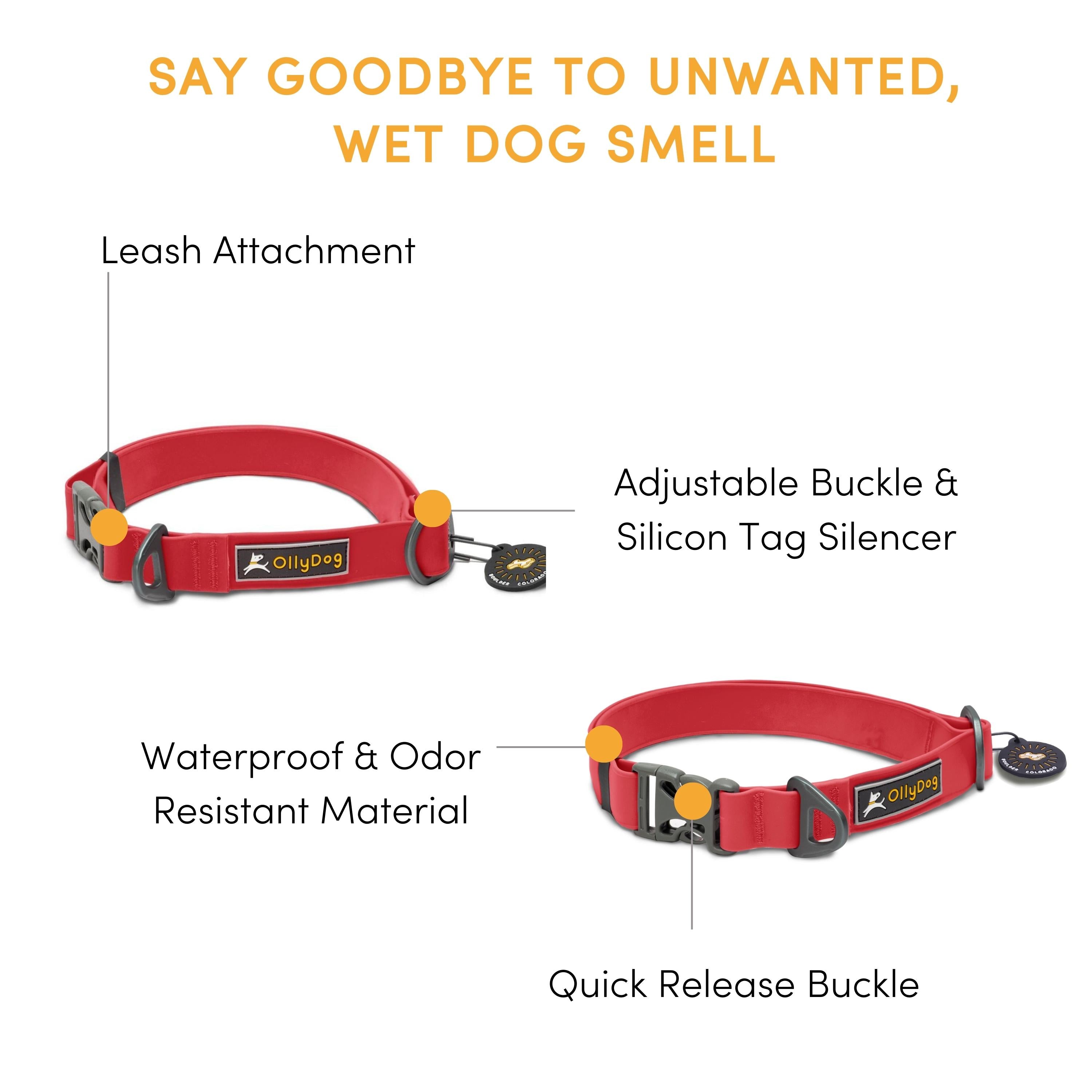 Infographic banner detailing features of the OllyDog Tilden Waterproof Collar in red color, highlighting the leash attachment, adjustable buckle, silicon tag silencer, waterproof and odor-resistant material, and quick-release plastic side buckle. #color_red