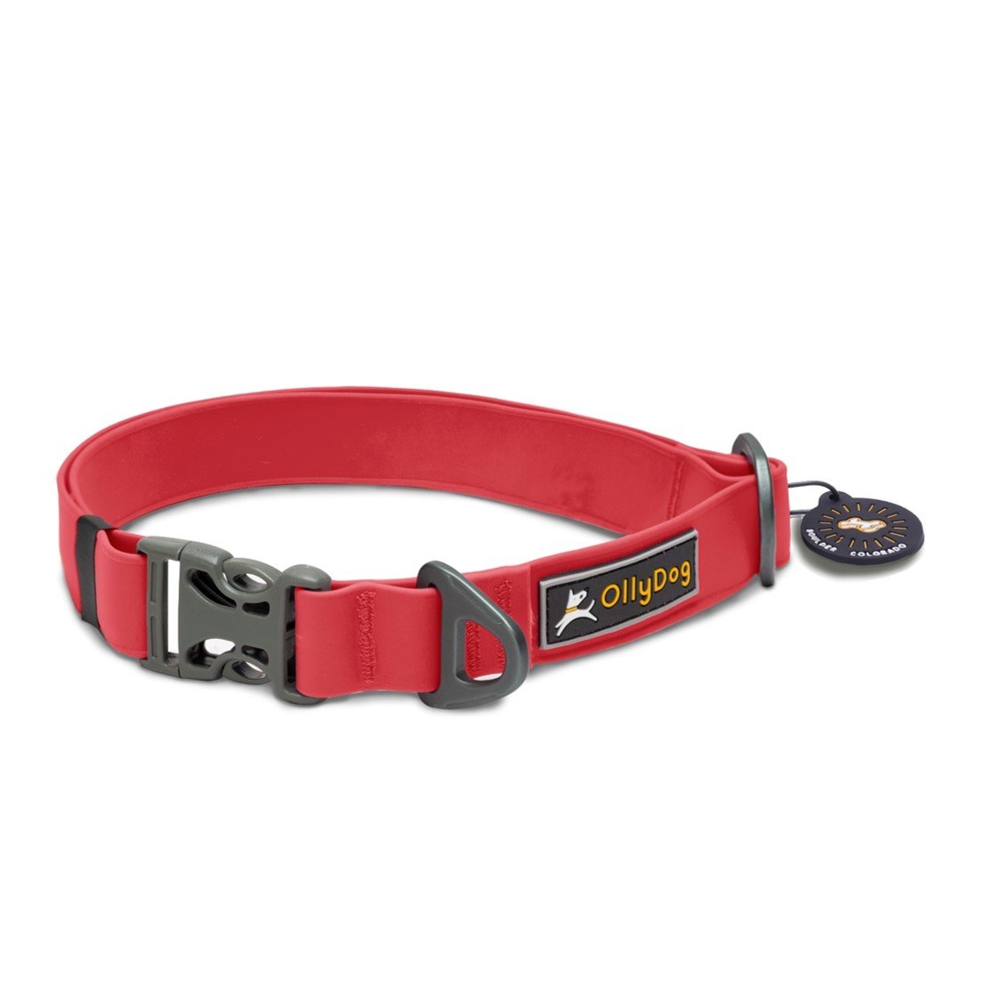 Side view of the OllyDog Tilden Waterproof Collar in red color, showcasing its waterproof AquaGuard coating, plastic side-buckle, strap keeper, and aluminum D-ring leash attachment. #color_red