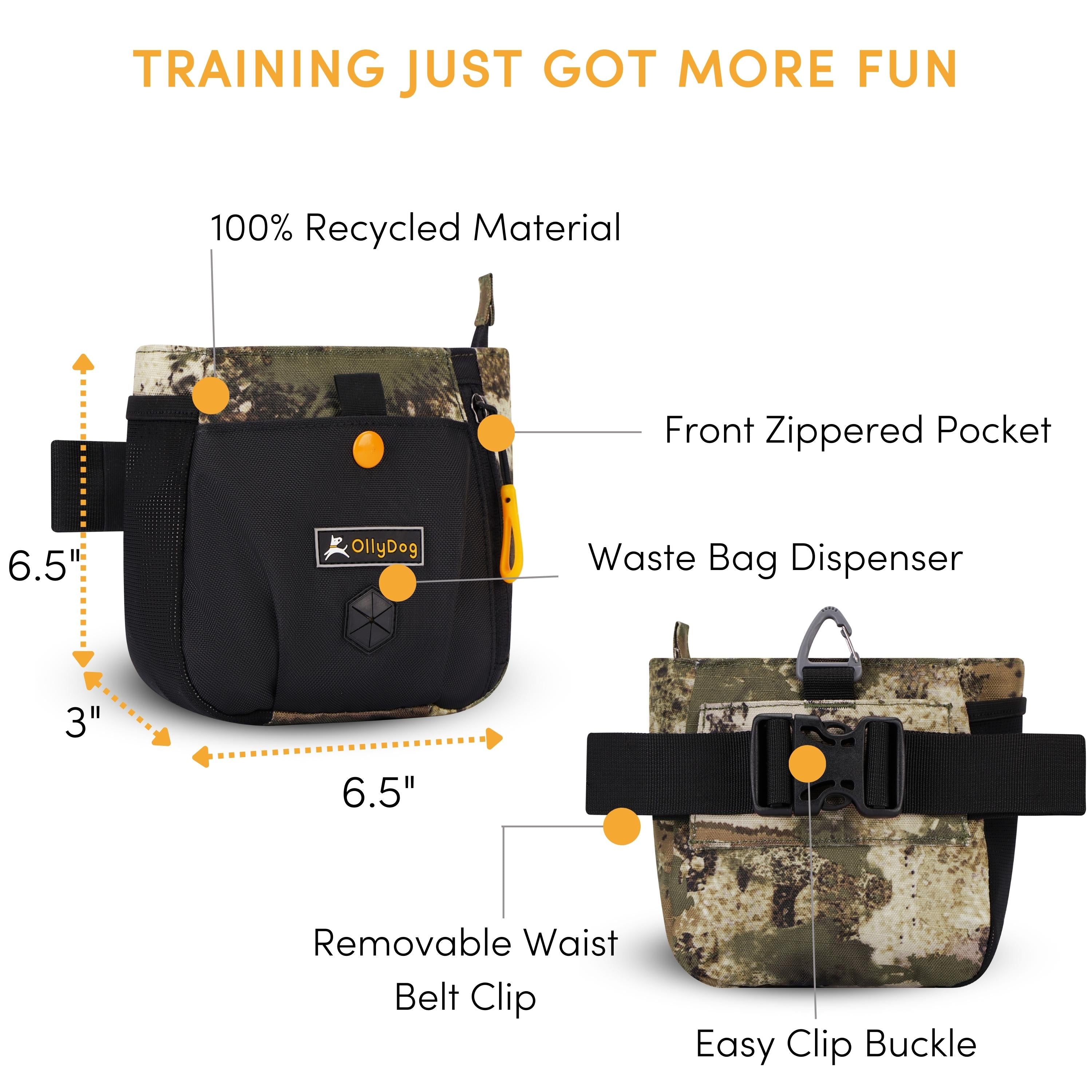 An image with text that points out the following features of the Backcountry Day Bag: water-resistant material, 100% recycled material, sustainably made with nine repurposed plastic bottles, dimensions of 6.5" x 6.5" x 3.5", convertible design includes waist belt clip with a quick-release buckle, zipper closure allowing easy access to treats to reward your dog quickly while training. Add Backountry Day Bag to your collection of dog walking accessories. #color_forest camo