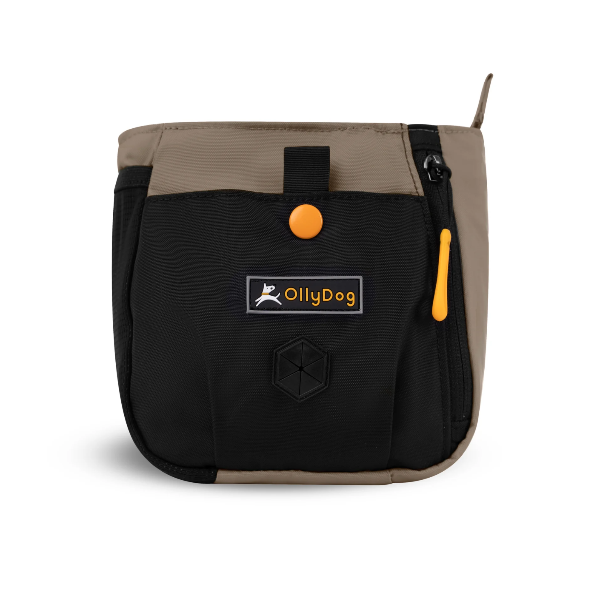 Flat front view of OllyDog’s Backcountry Day Bag in Champagne, a practical dog walking waist pack featuring a zipper closure, dog poop bag holder, and adjustable waist strap. Ideal for hands-free dog training and perfect for hiking with dogs. Add Backountry Day Bag to your collection of dog walking accessories. #color_champagne