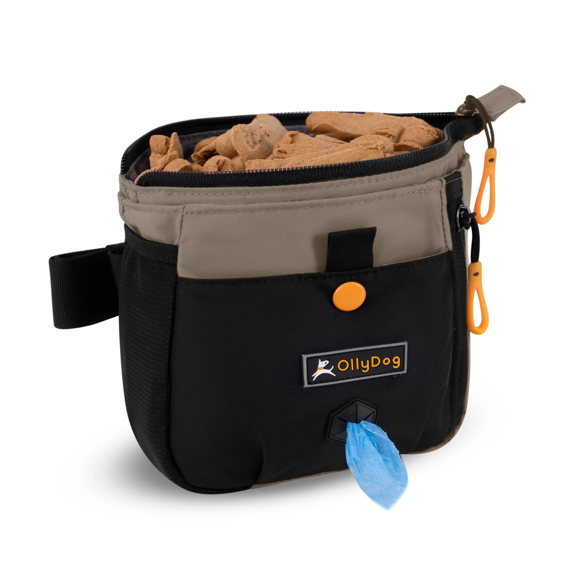 Opened view of OllyDog’s Backcountry Day Bag in Champagne, a dog training tool designed for quick access to treats, ideal for rewarding good behavior. With a spacious compartment for storage, this practical dog hiking gear is perfect for convenient training while exploring dog friendly trails. #color_champagne