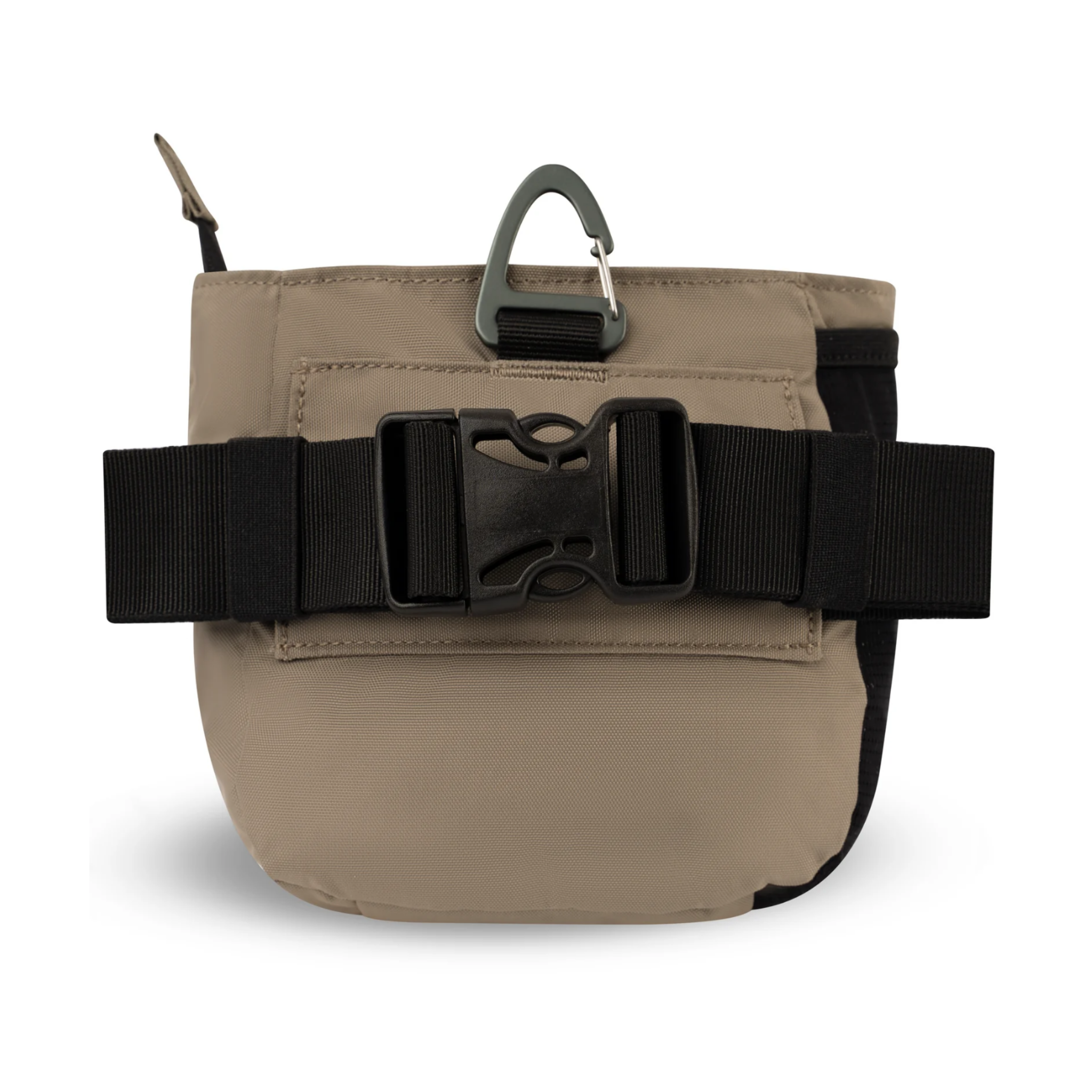 Back view of OllyDog’s Backcountry Day Bag in Champagne, showcasing the removable belt strap with a plastic buckle. This versatile dog training pouch also includes a convenient clip, making it become one of essential dog walking accessories. #color_champagne