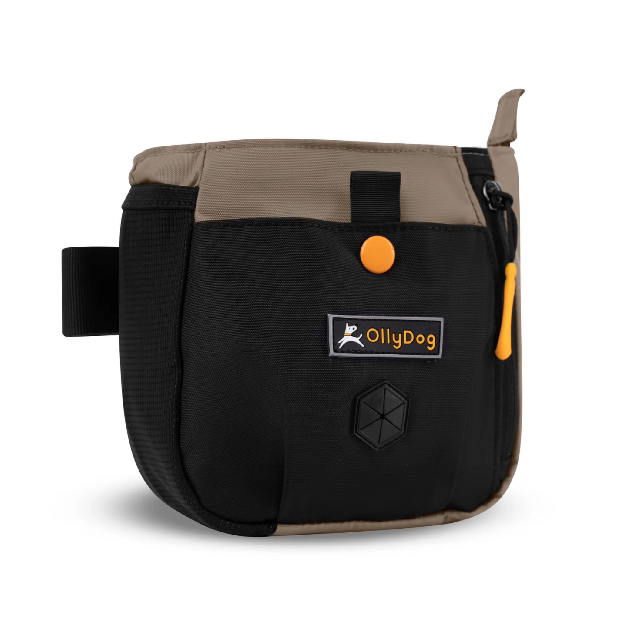 Angled front view of OllyDog’s Backcountry Day Bag in Champagne, a versatile dog walking waist pack featuring a zipper closure, dog poop bag holder, and extended side pocket. Ideal for hiking with dogs, this roomy bag offers adjustable straps for hands-free convenience, perfect for dog friendly trails and essential dog hiking gear. #color_champagne