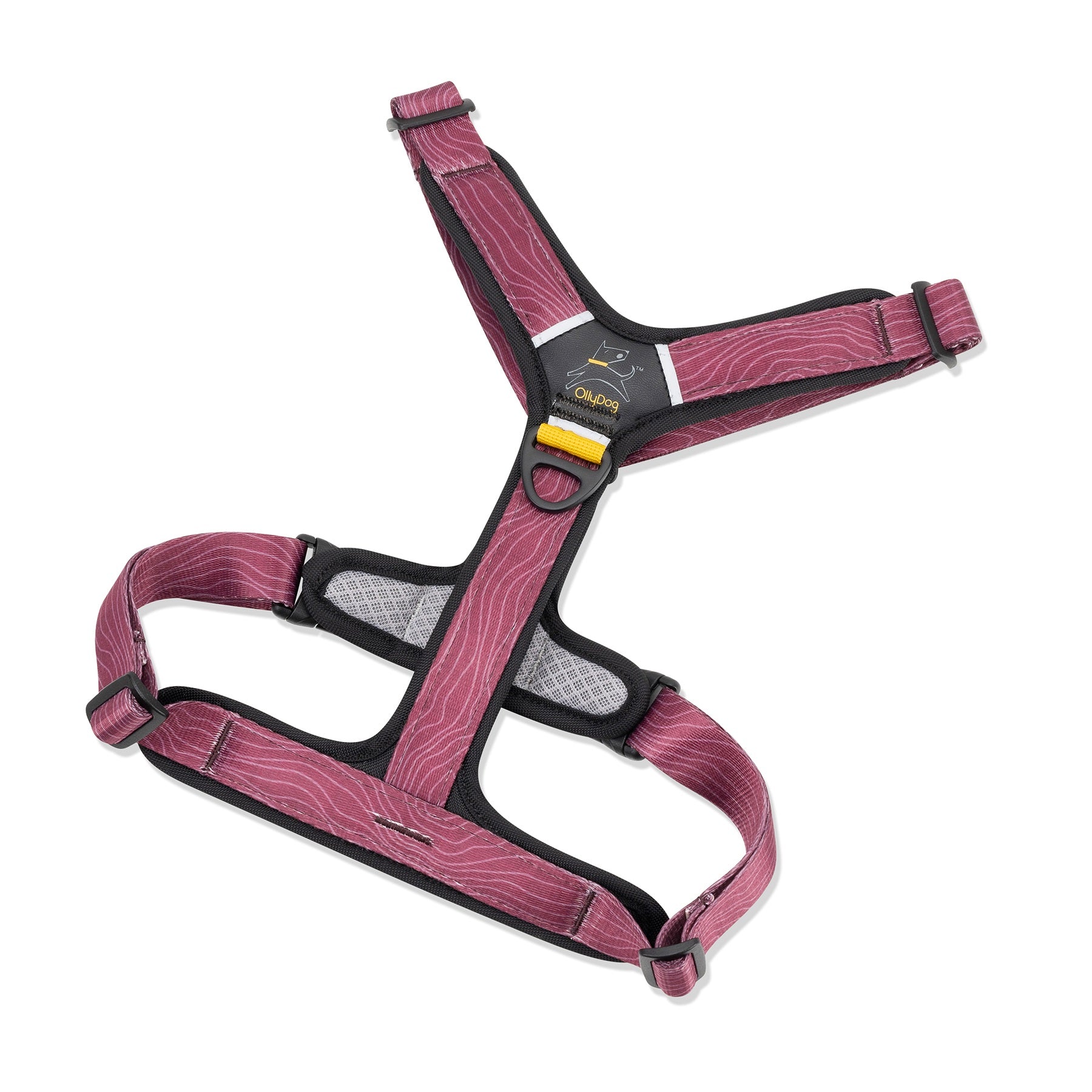 OllyDog Alpine Reflective Comfort Harness in rosewood woodgrain pattern, padded neoprene lining with adjustable straps and dual aluminum D-rings, shown laid flat to display breathable design and reflective piping for visibility #color_rosewood woodgrain