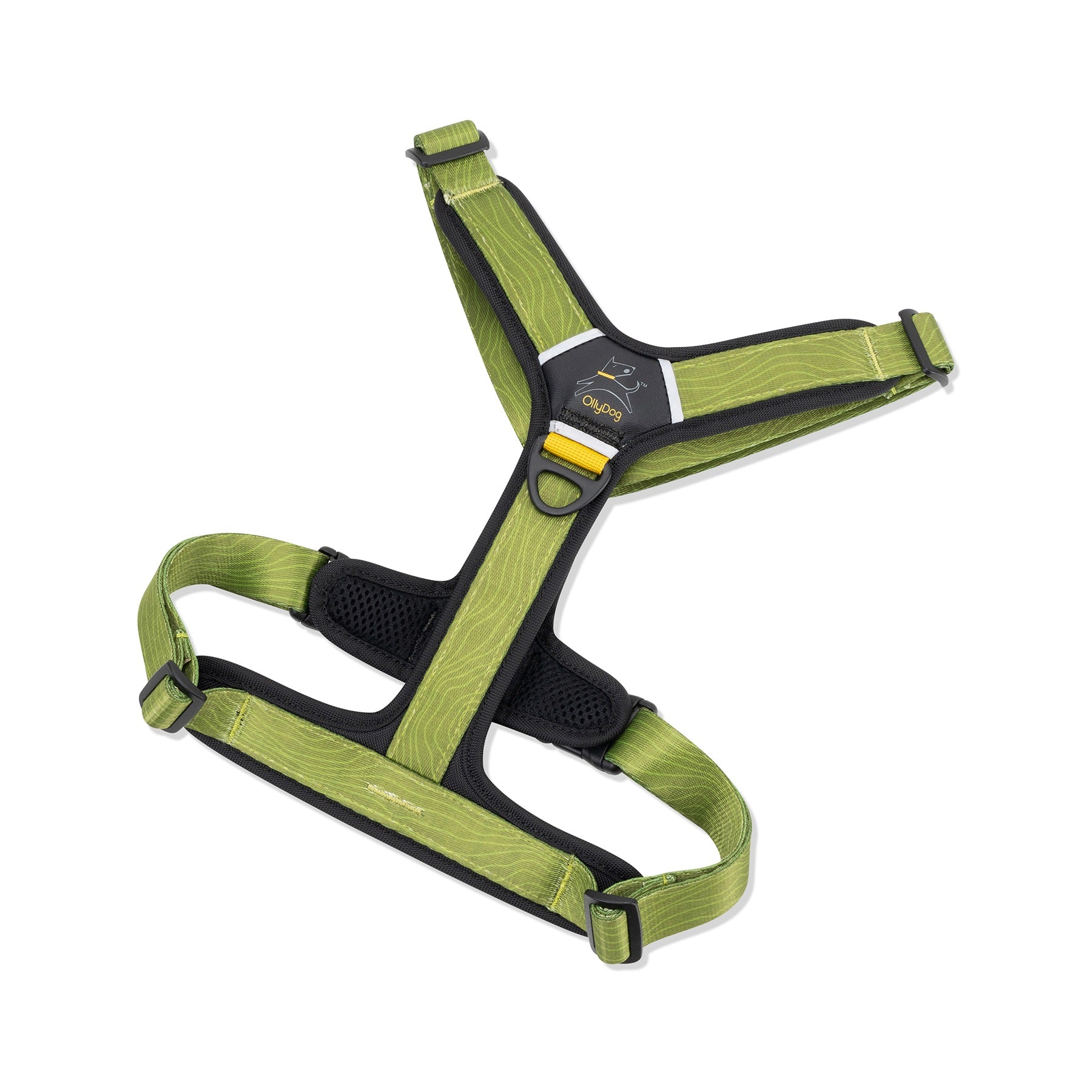 Flat lay of the OllyDog Alpine Reflective Comfort Harness in cactus woodgrain color, showing padded straps, reflective trim, sturdy aluminum D-ring, and adjustable buckles #color_cactus woodgrain