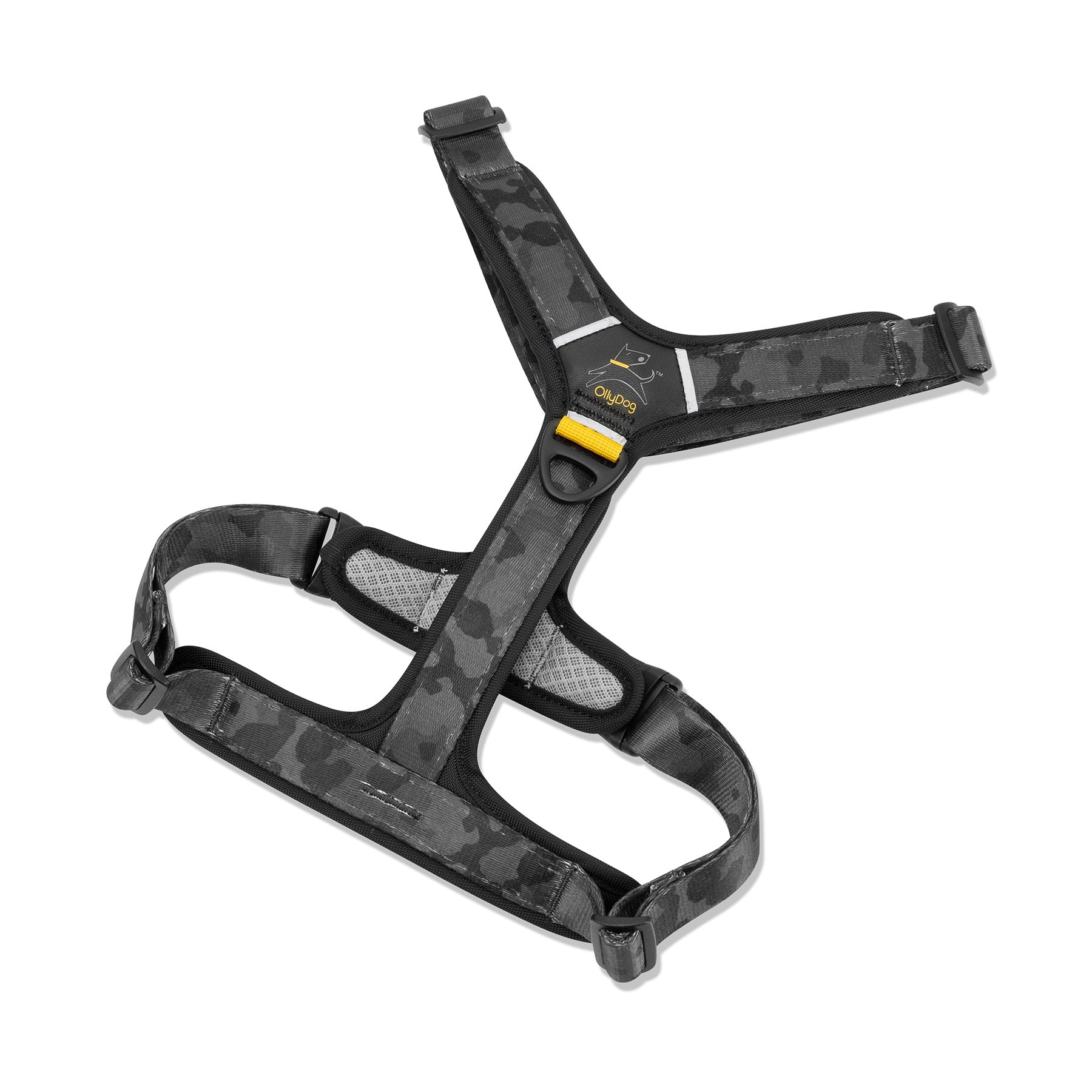 Flat lay of OllyDog Alpine Reflective Comfort Harness in Dream Camo color. Black and gray camouflage pattern with reflective trim, padded straps, and aluminum hardware, designed for secure dog walking and hiking #color_dream camo