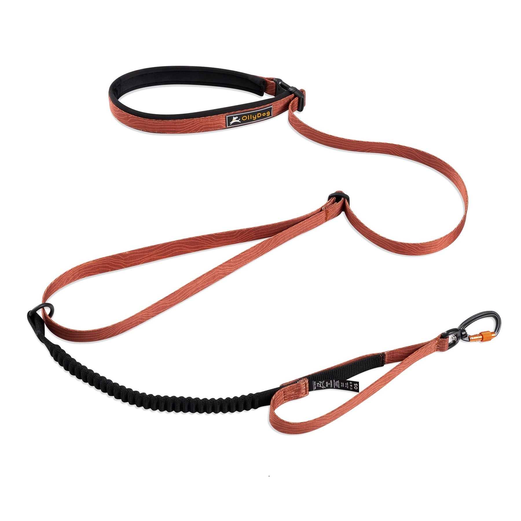 Adjustable dog leash with bungee stretch and traffic stop loop, clay color, padded handle, waist belt, swivel carabiner clip, durable polyester webbing, lightweight, ideal for running and hiking with dogs, OllyDog Flagstaff 75-inch leash #color_clay woodgrain
