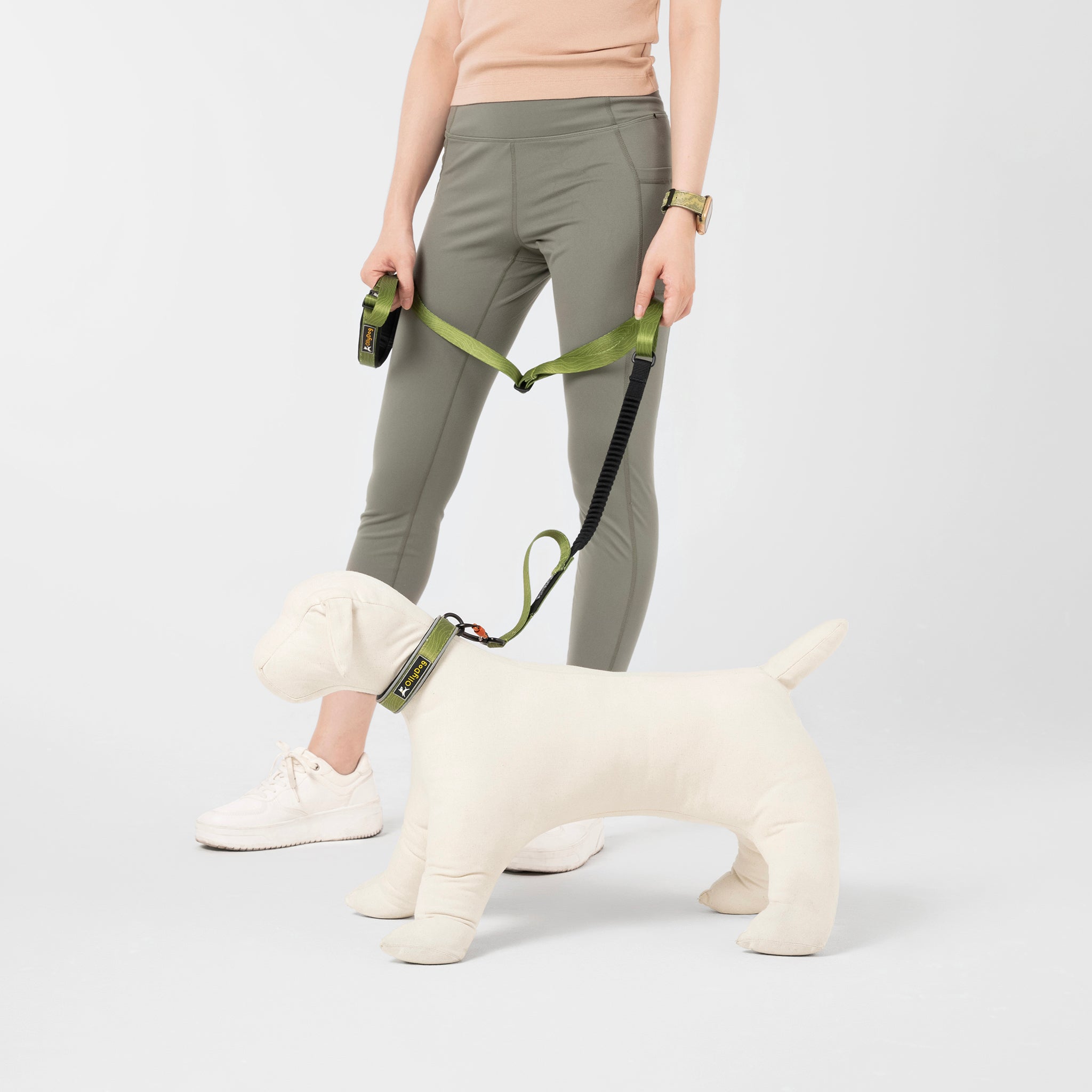 The OllyDog Flagstaff Adjustable Spring Leash is displayed in a cactus woodgrain (green and black) pattern, clearly showing its black padded handle for comfortable grip, the bungee section designed for flexible walking, and a silver carabiner hook ensuring a secure attachment #color_cactus woodgrain