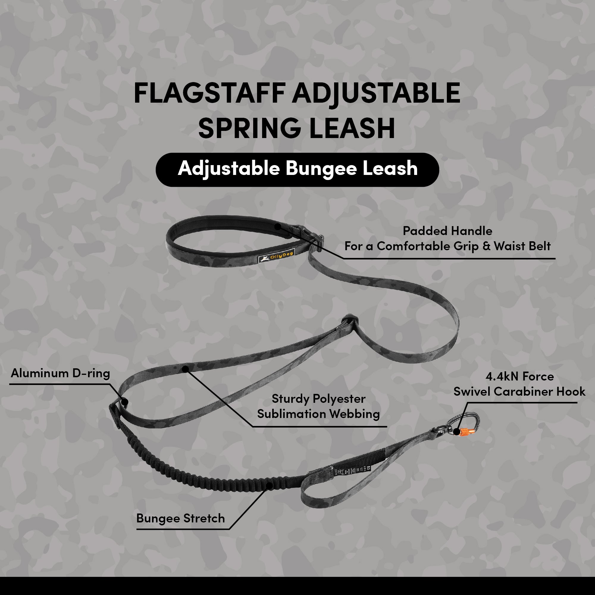 OllyDog Flagstaff Adjustable Spring Leash in Dream Camo, showcasing padded handle, waist belt, bungee stretch, aluminum D-ring, sturdy polyester webbing, and 4.4kN swivel carabiner hook. Adjustable bungee leash ideal for secure and comfortable dog walking #color_dream camo