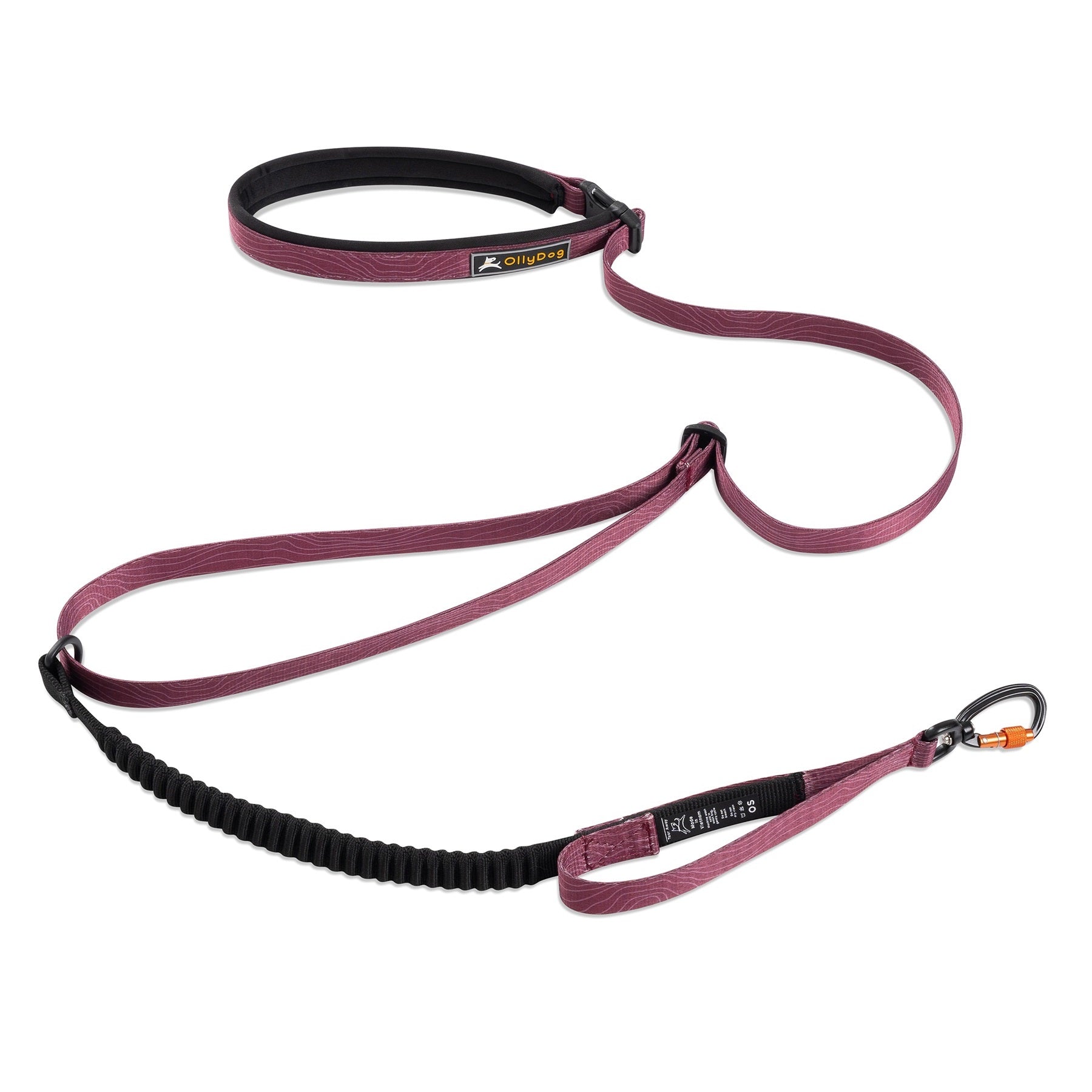 OllyDog Flagstaff Adjustable Spring Leash in Rosewood Woodgrain color, featuring padded handle, adjustable waist belt, bungee stretch section, sturdy polyester webbing, and swivel carabiner hook. Durable and comfortable leash for hands-free dog walking and running #color_rosewood woodgrain