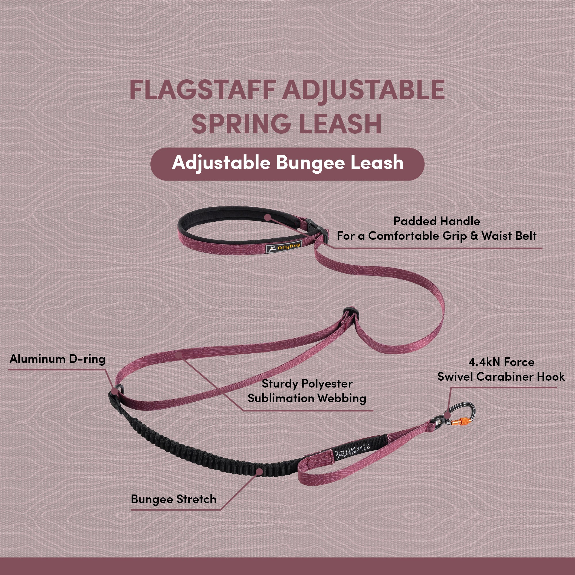OllyDog Flagstaff Adjustable Spring Leash in Rosewood Woodgrain, showing key features: padded handle and waist belt, bungee stretch, sturdy polyester sublimation webbing, aluminum D-ring, and 4.4kN swivel carabiner hook. Adjustable bungee leash designed for comfort and security #color_rosewood woodgrain
