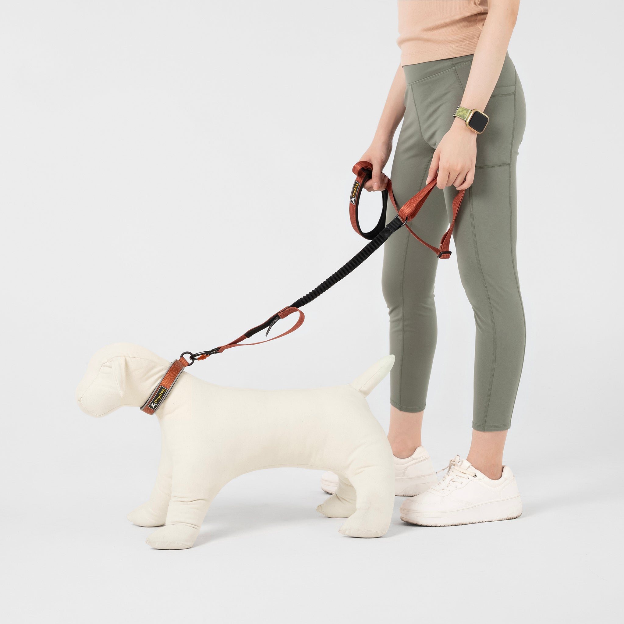 OllyDog Flagstaff adjustable bungee leash (clay woodgrain) for comfortable, hands-free dog walking and running. Features a padded waist belt, 'traffic stop' loop, and secure carabiner #color_clay woodgrain