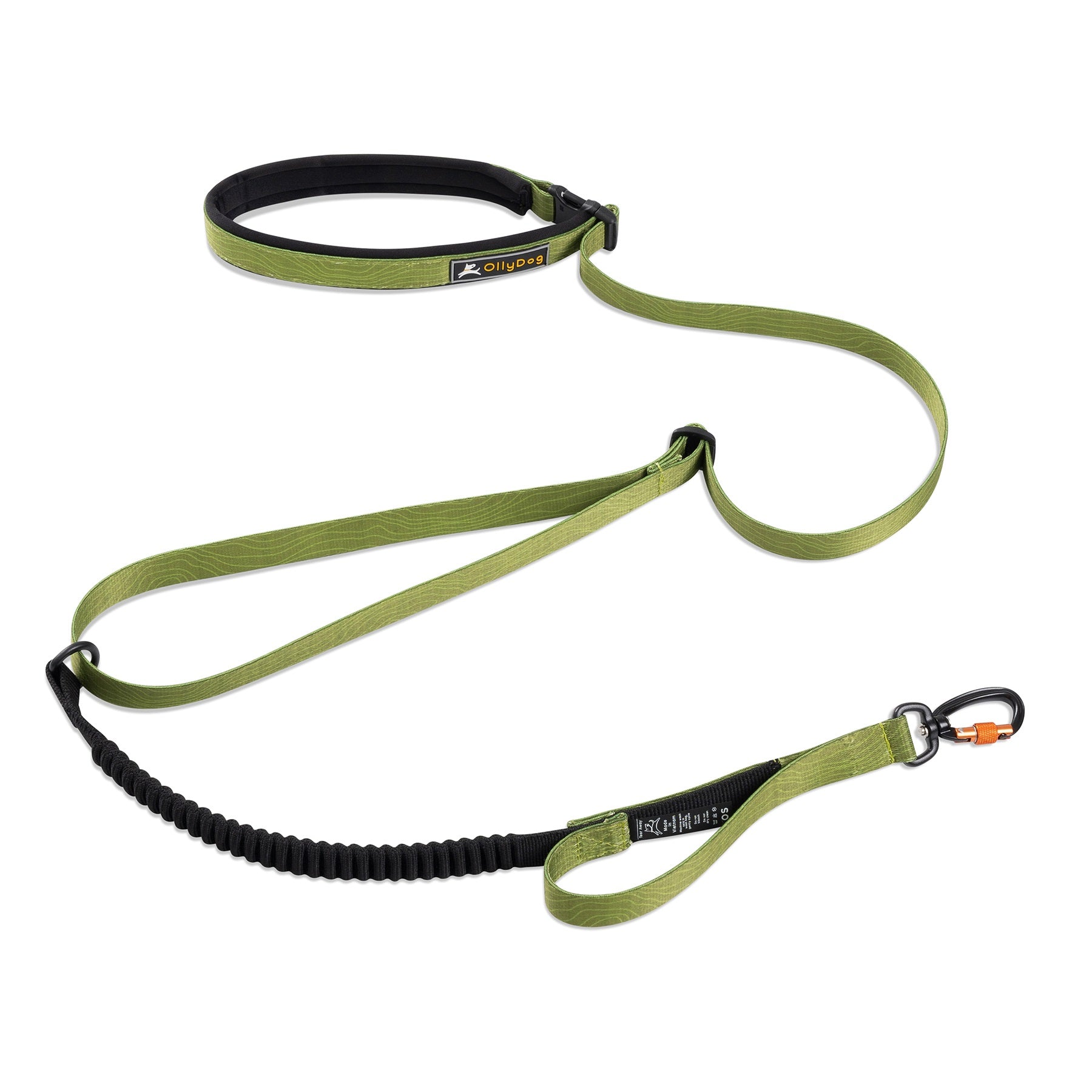 Close-up of the OllyDog Flagstaff Adjustable Spring Leash in a cactus woodgrain (green and black) pattern, showcasing its black padded handle, bungee section for flexible walking, and a silver carabiner hook for secure attachment. This leash is designed for comfortable, hands-free dog walking and running #color_cactus woodgrain