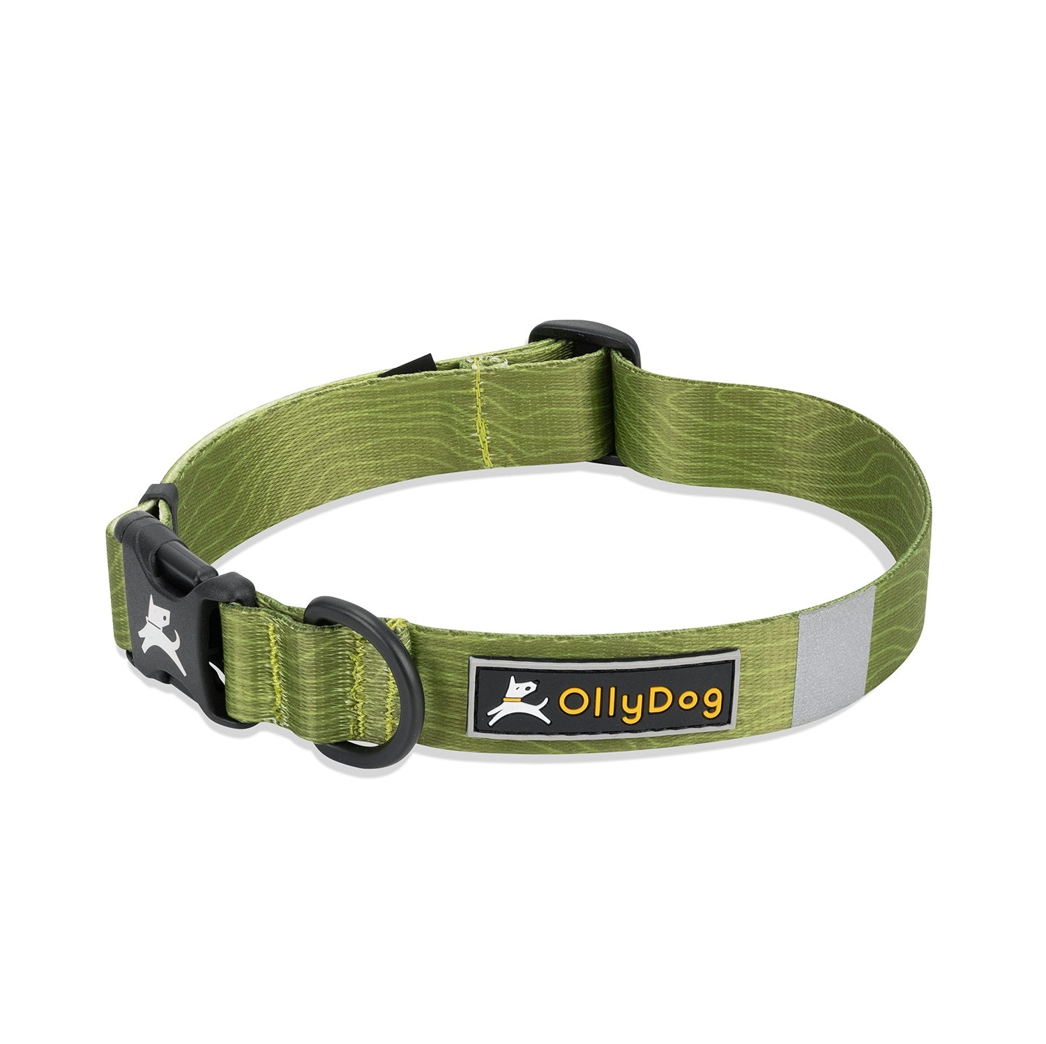 OllyDog Flagstaff Reflective Dog Collar in cactus woodgrain color, made with sublimation polyester webbing, quick-release buckle, aluminum D-ring attachment, and reflective band for visibility; durable, lightweight, and adjustable for small, medium, and large dogs #color_cactus woodgrain