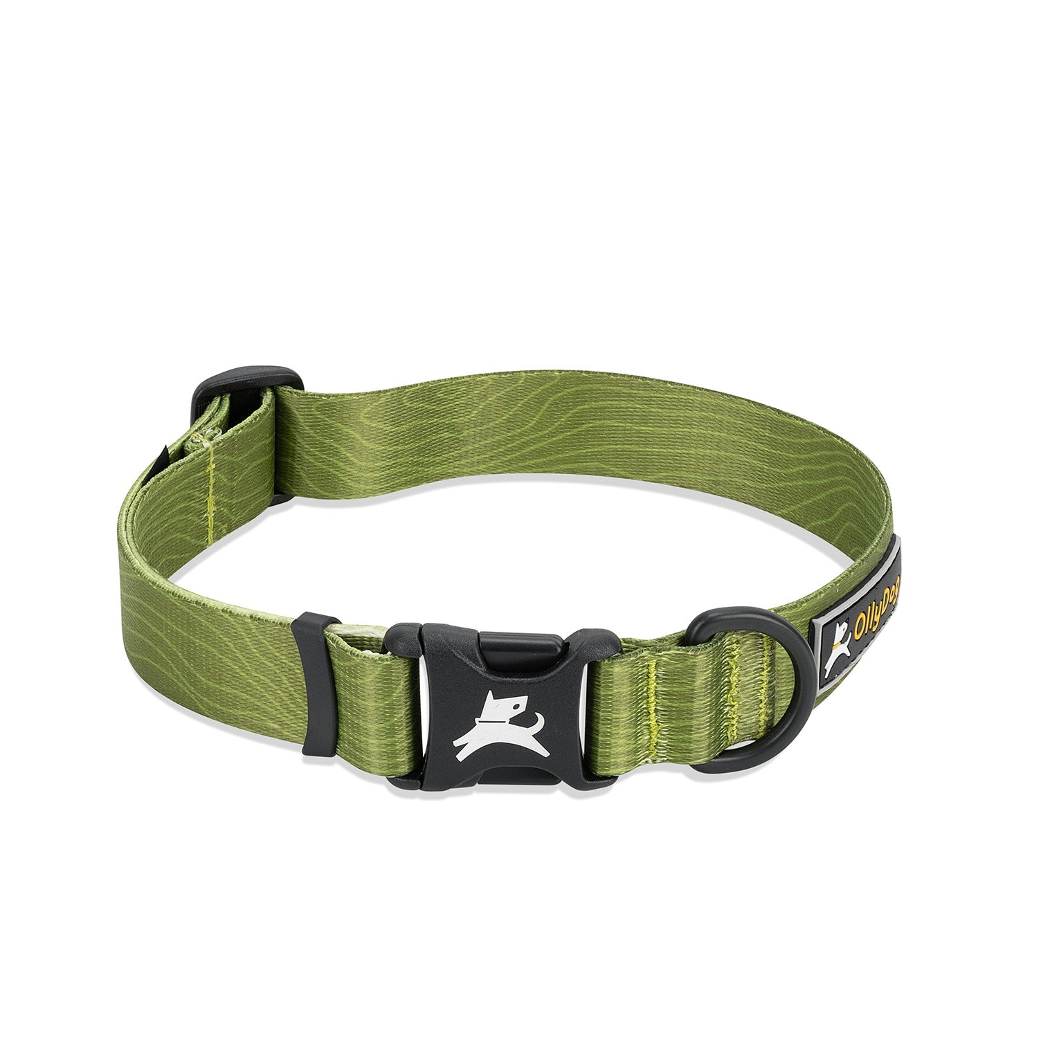 OllyDog Flagstaff Reflective Dog Collar in cactus woodgrain color, side view showing sublimation polyester webbing, reflective band, aluminum D-ring, and quick-release buckle; durable, lightweight, and adjustable for small, medium, and large dogs #color_cactus woodgrain