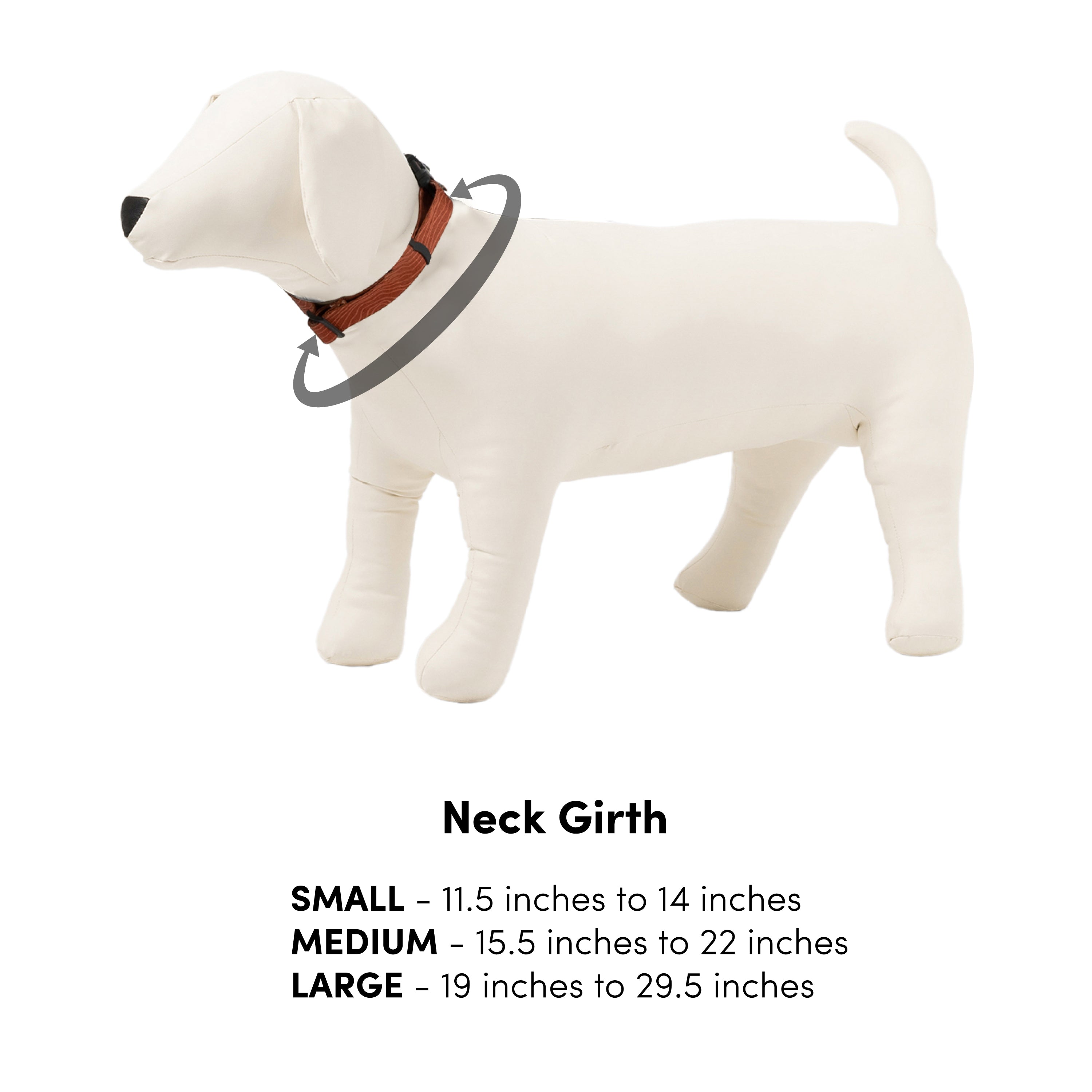 Dog mannequin wearing OllyDog Flagstaff Reflective Dog Collar in cactus woodgrain color, showing neck girth size guide: small (11.5–14 inches), medium (15.5–22 inches), and large (19–29.5 inches); adjustable, durable, and comfortable fit for various dog breeds #color_cactus woodgrain