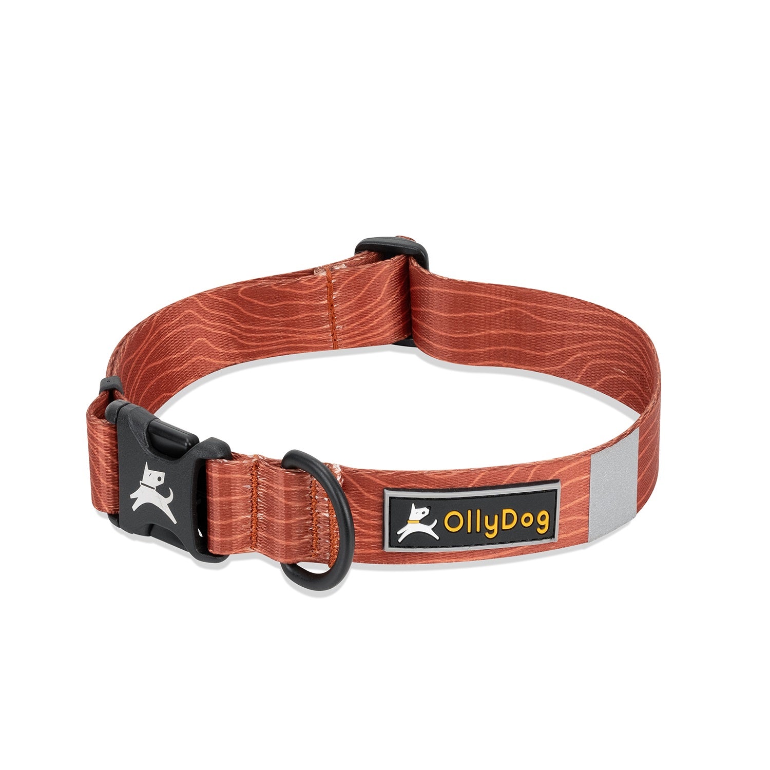 OllyDog Flagstaff Reflective Dog Collar in clay woodgrain color, featuring sublimation polyester webbing, reflective band, quick-release buckle, and aluminum D-ring leash attachment; durable, adjustable, and lightweight design for small, medium, and large dogs #color_clay woodgrain