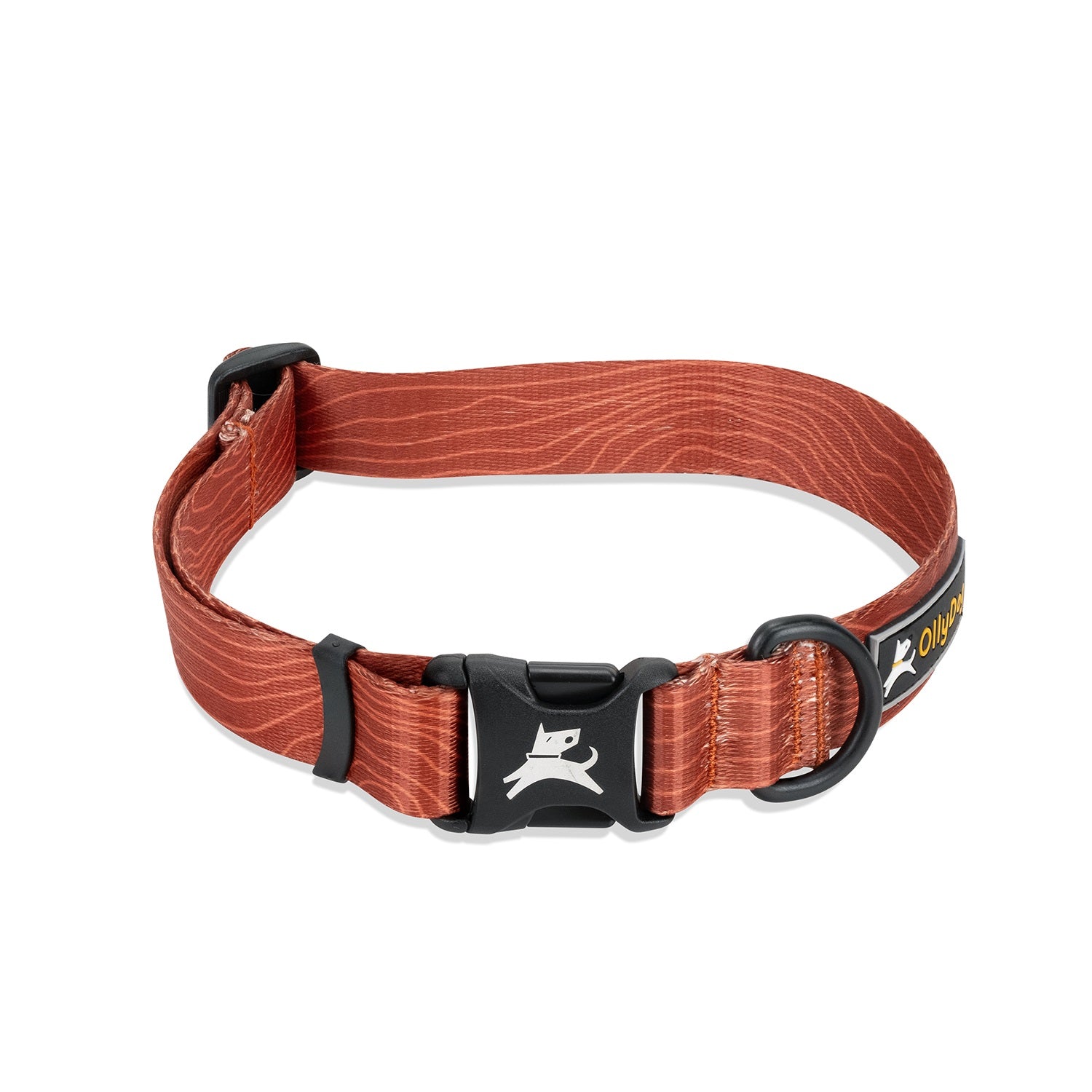 Side view of OllyDog Flagstaff Reflective Dog Collar in clay woodgrain color, showing quick-release buckle, adjustable slider, durable sublimation polyester webbing, and aluminum D-ring for leash attachment, designed for comfort, safety, and visibility #color_clay woodgrain