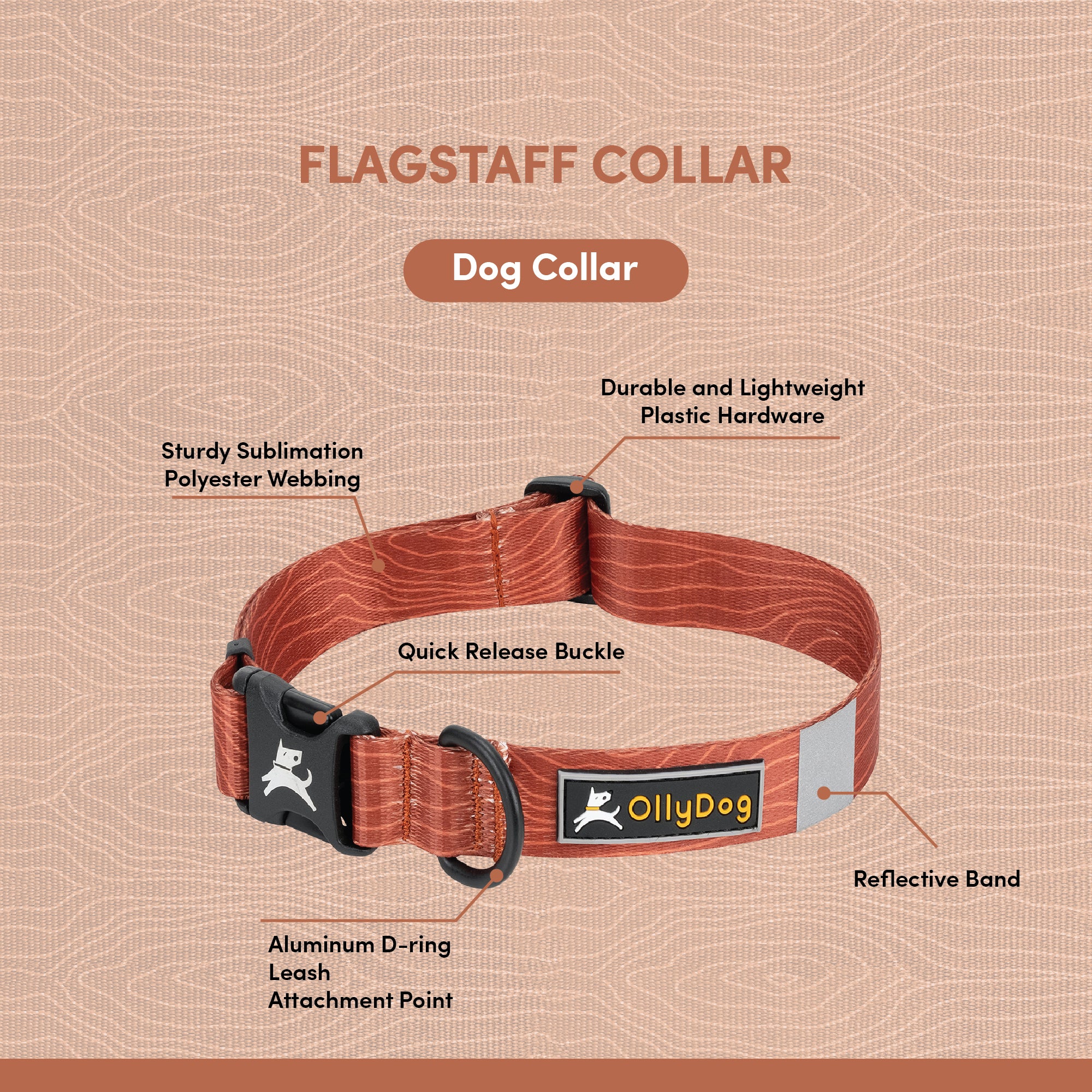OllyDog Flagstaff Reflective Dog Collar in clay woodgrain color, close-up infographic showing sturdy sublimation polyester webbing, quick release buckle, aluminum D-ring attachment point, durable plastic hardware, and reflective band for added visibility #color_clay woodgrain