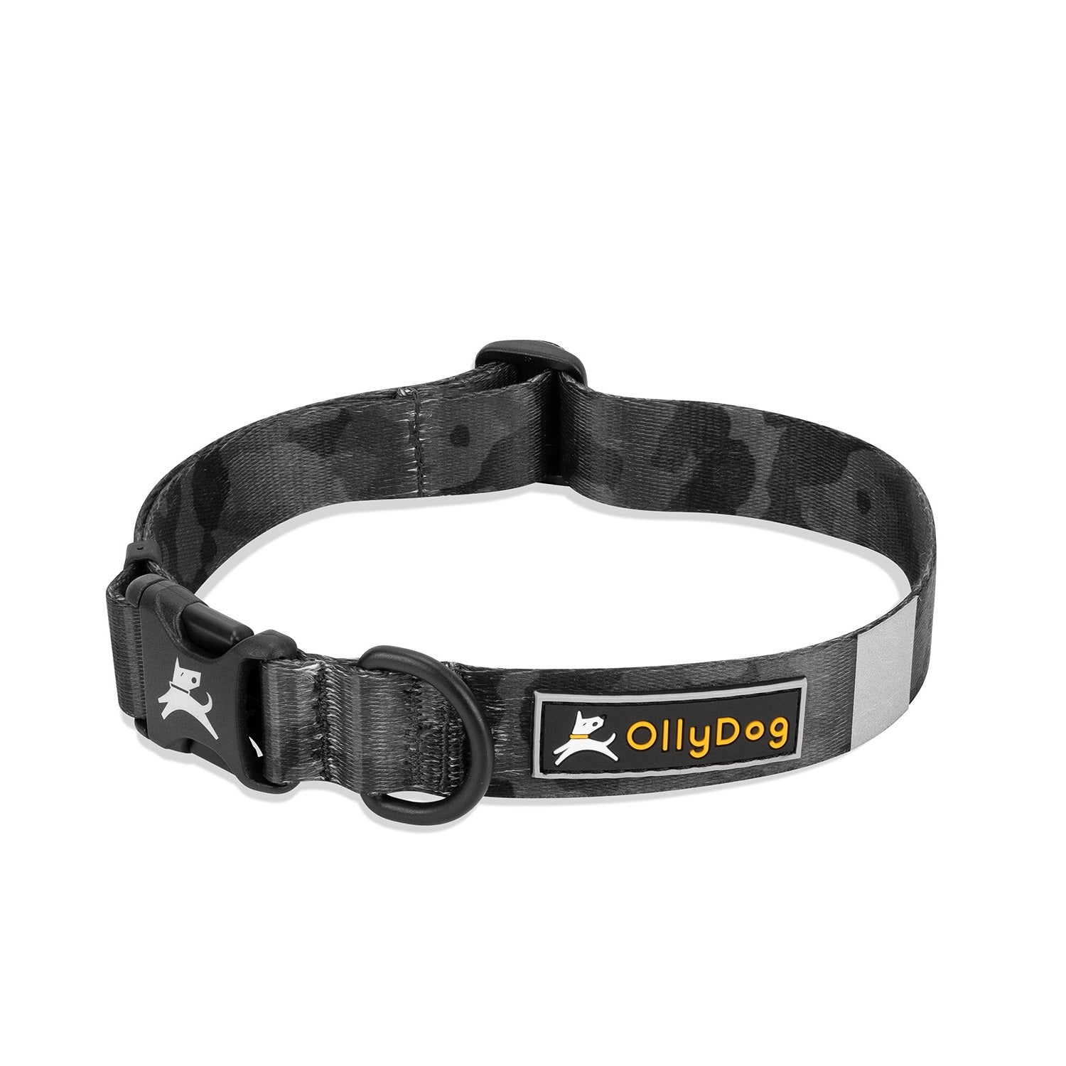 OllyDog Flagstaff Reflective Dog Collar in Dream Camo, durable black camouflage print with quick-release buckle, aluminum D-ring, and reflective band, adjustable for small, medium, and large dogs #color_dream camo