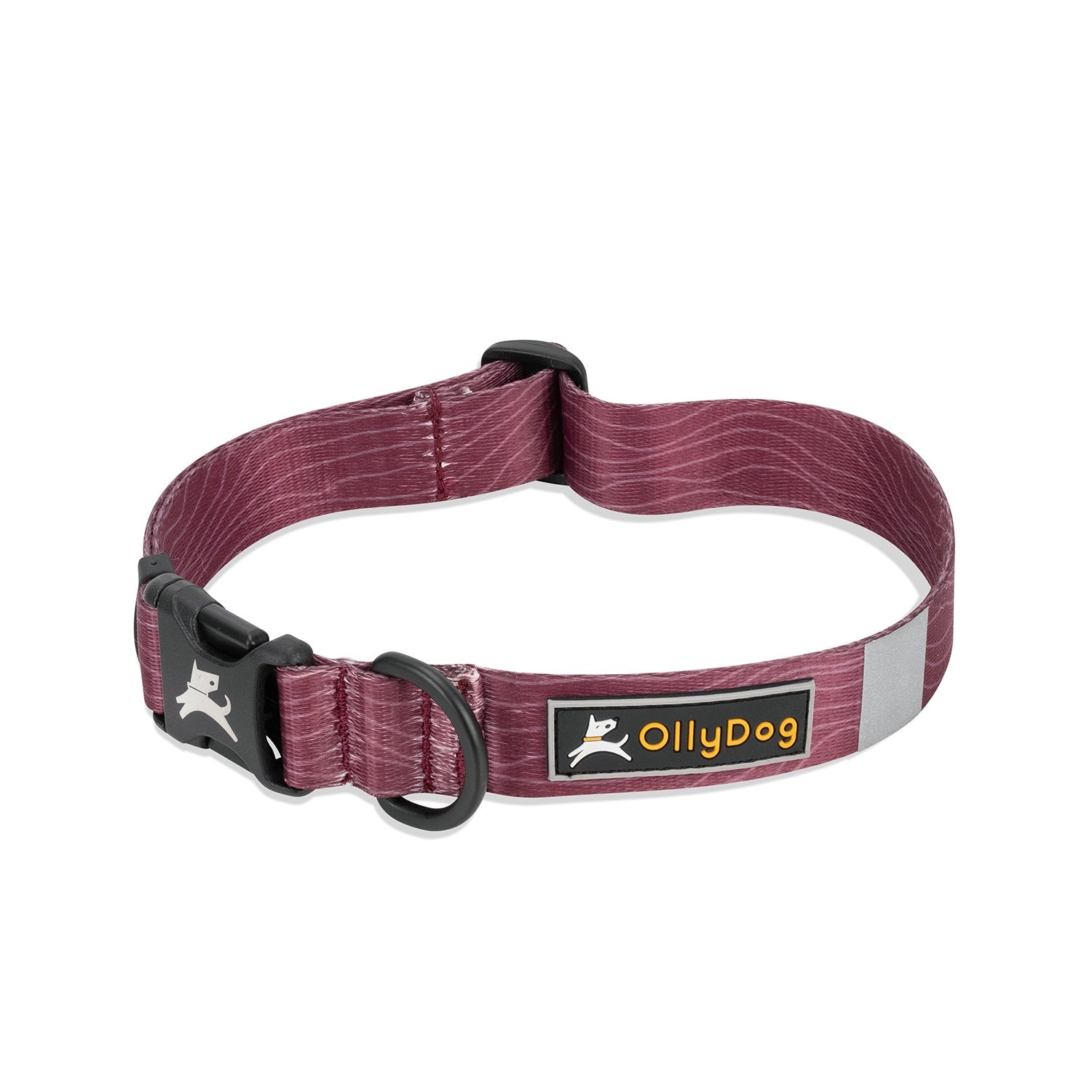 Front view of OllyDog Flagstaff Adjustable Dog Collar in Rosewood woodgrain pattern, showing quick-release buckle, aluminum D-ring, reflective band, and durable polyester webbing #color_rosewood woodgrain