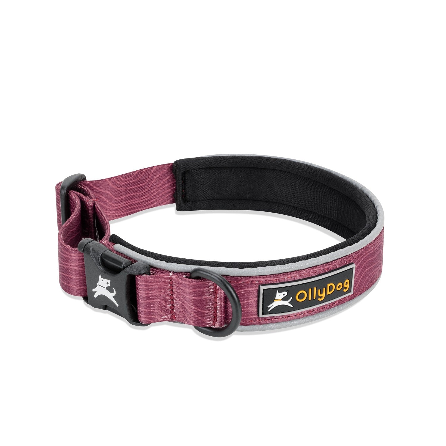 OllyDog Flagstaff Reflective Comfort Collar in Rosewood color, padded neoprene layer, sublimation polyester webbing, reflective piping, side-release buckle, aluminum D-ring. Adjustable no-pull dog collar for medium to large dogs, durable and washable, perfect for night walks #color_rosewood woodgrain