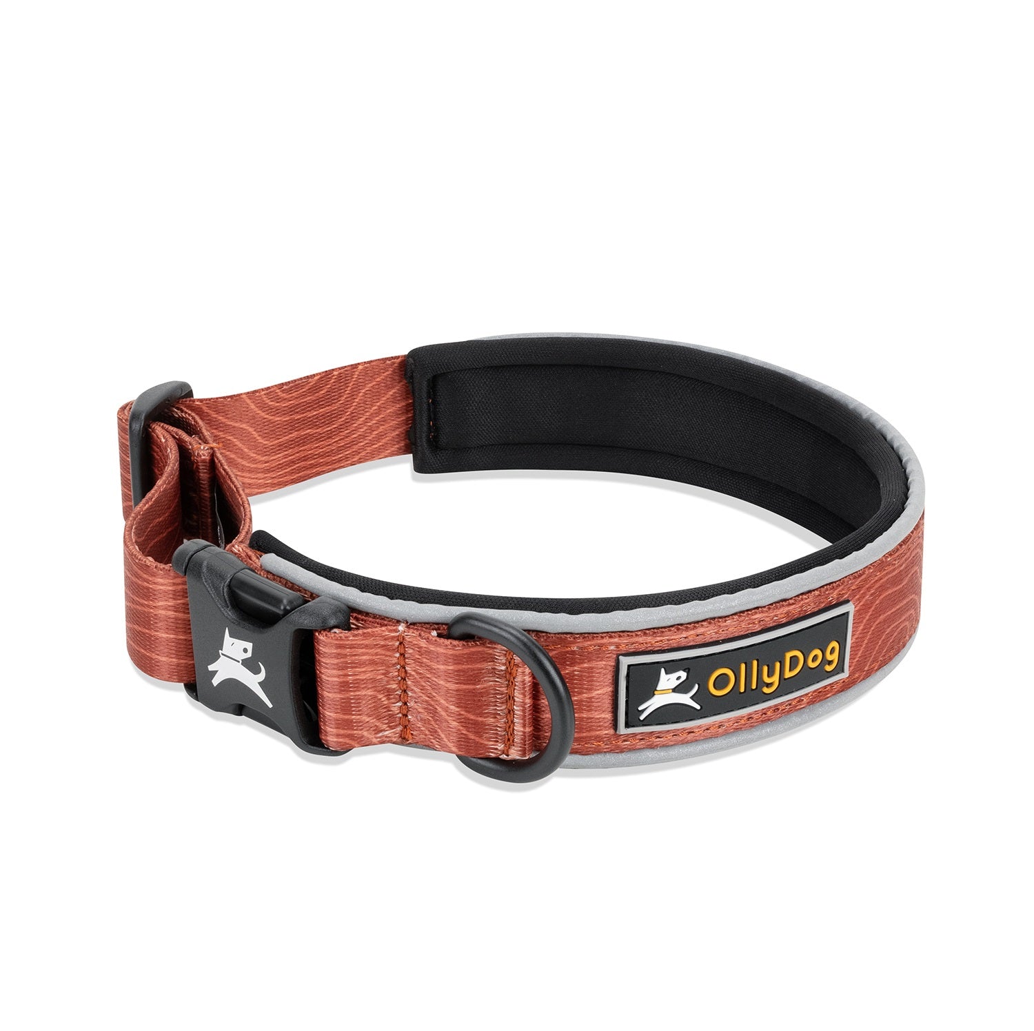 OllyDog Flagstaff Reflective Comfort Collar in clay color, padded neoprene lining, quick-release buckle, durable polyester webbing, aluminum D-ring, reflective trim for dogs #color_clay woodgrain
