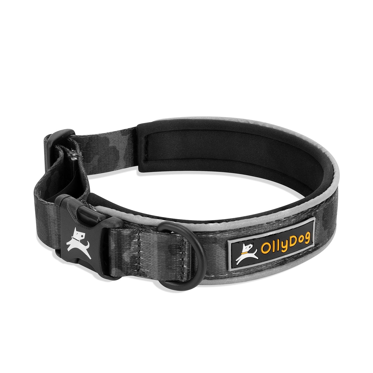OllyDog Flagstaff Reflective Comfort Dog Collar in dream camo color, featuring padded neoprene lining for comfort, sublimation polyester webbing, quick-release buckle, aluminum D-ring, and reflective piping for enhanced nighttime visibility #color_dream camo