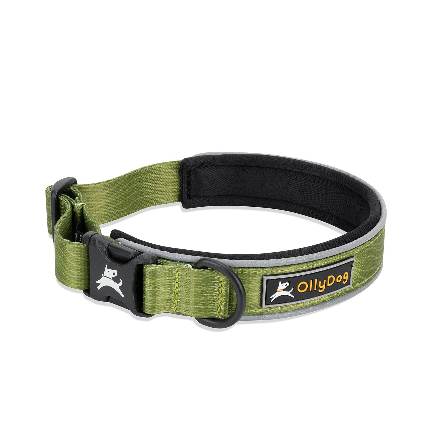 OllyDog Flagstaff Reflective Comfort Dog Collar in Cactus green color, durable padded neoprene design, sublimation polyester webbing, aluminum D-ring attachment, quick-release buckle, reflective piping for night visibility, adjustable fit for small, medium, large dogs #color_cactus woodgrain